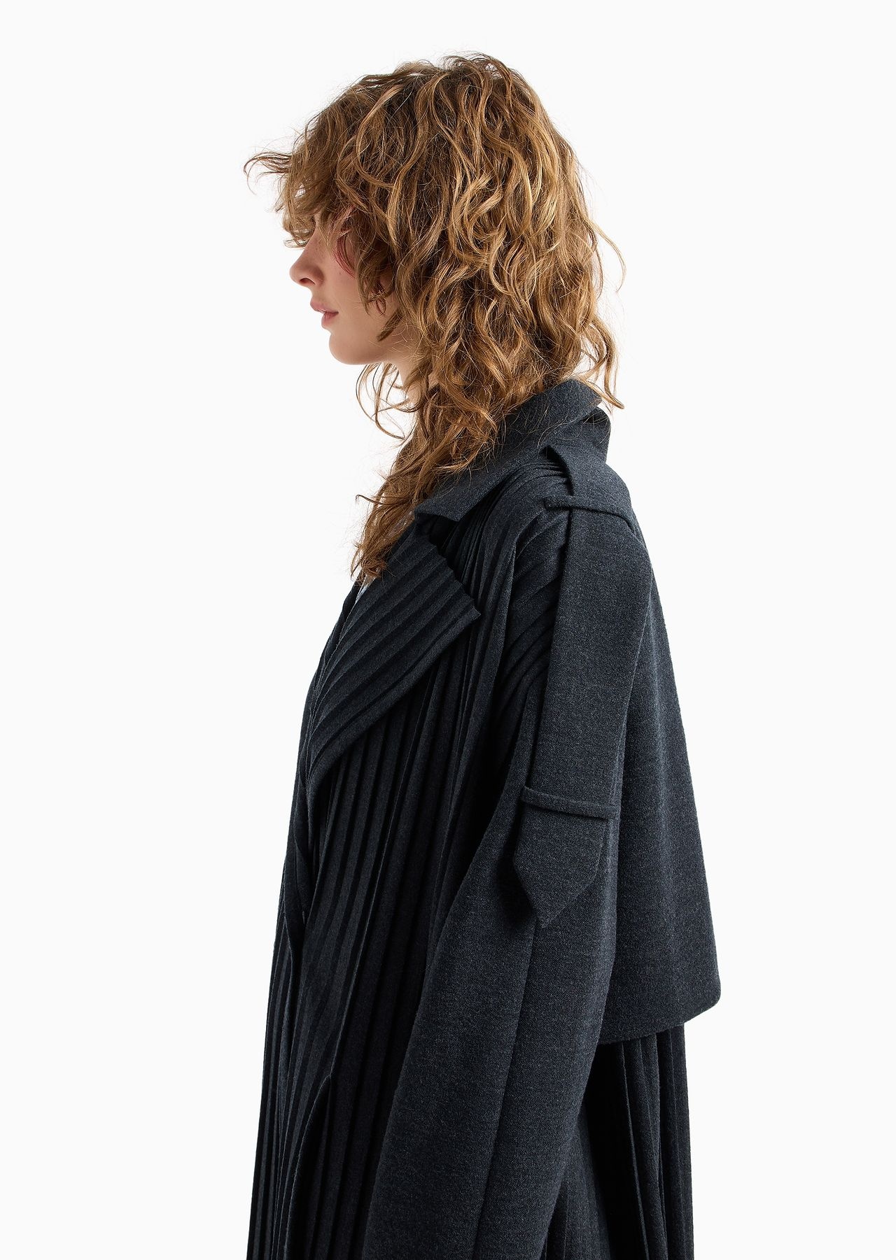 Pleated wool jersey long trench coat - 5