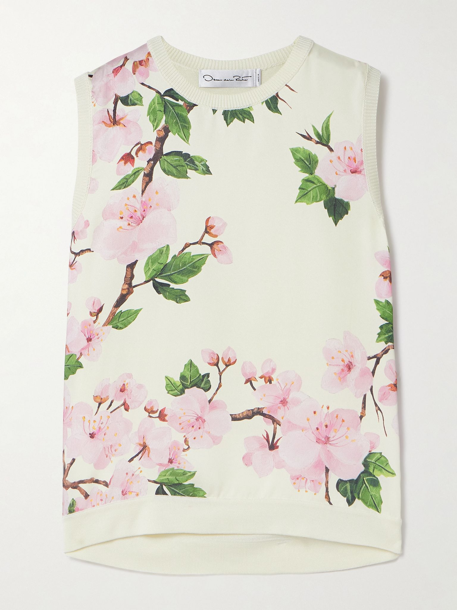 Paneled knitted and floral-print silk-blend twill tank Ecru - 1