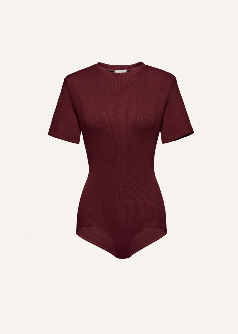 Ribbed short sleeve bodysuit in burgundy 1