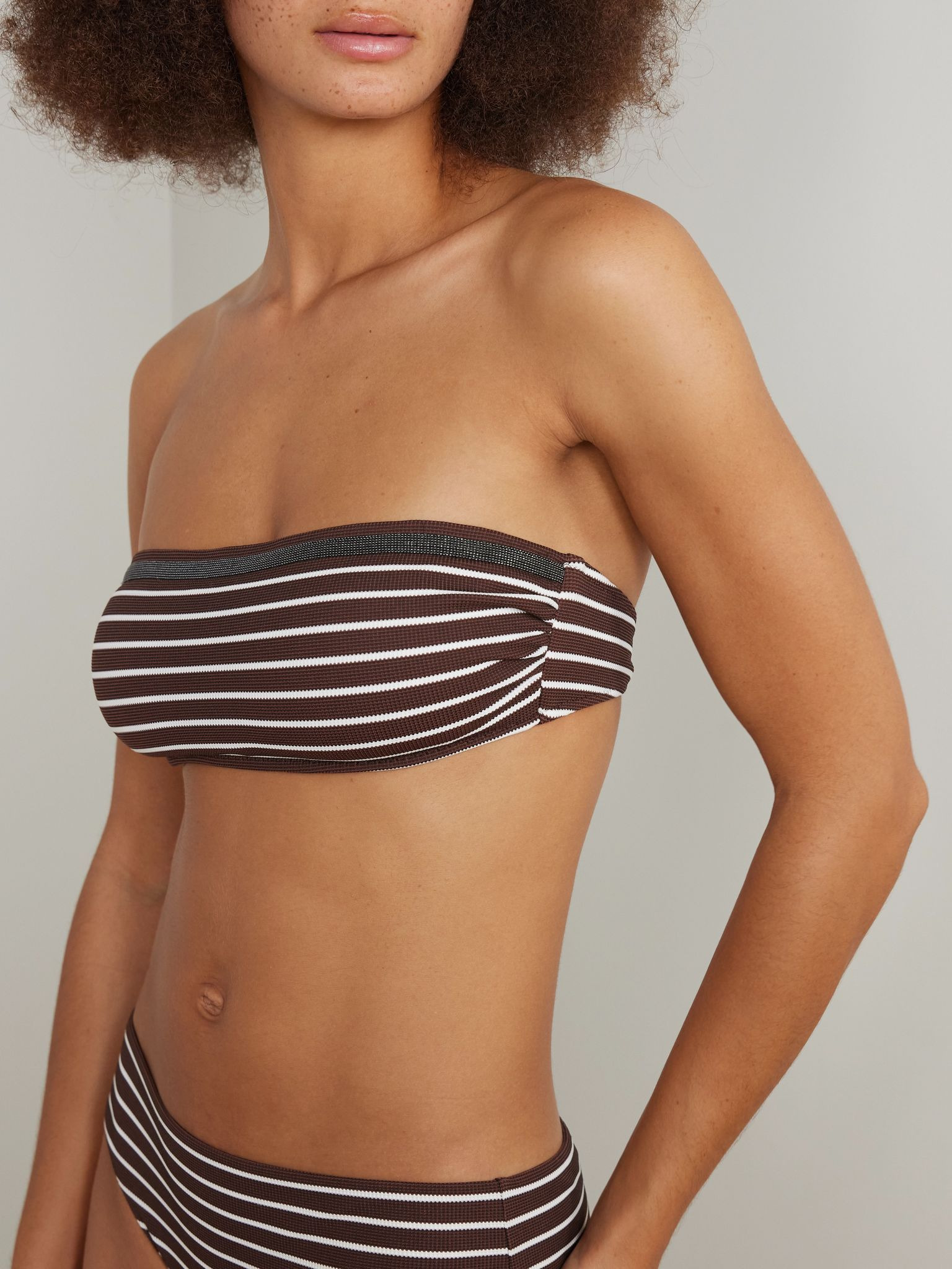 Striped woven halterneck bikini top Brown - 5