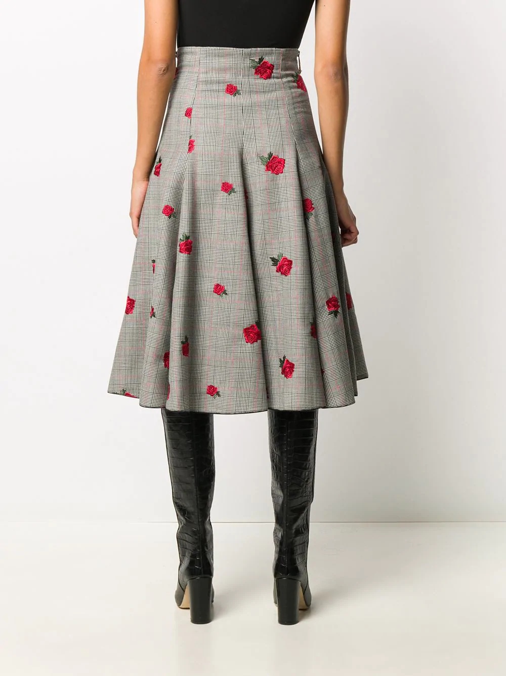 rose-embroidered check-pattern skirt - 4