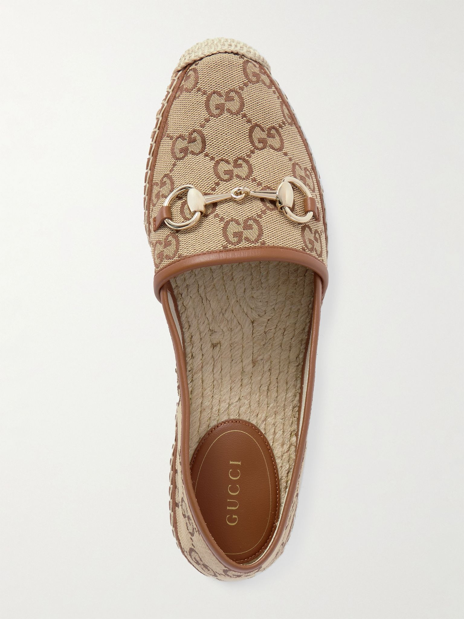 Pilar horsebit-embellished leather-trimmed logo-jacquard canvas espadrilles Camel - 5