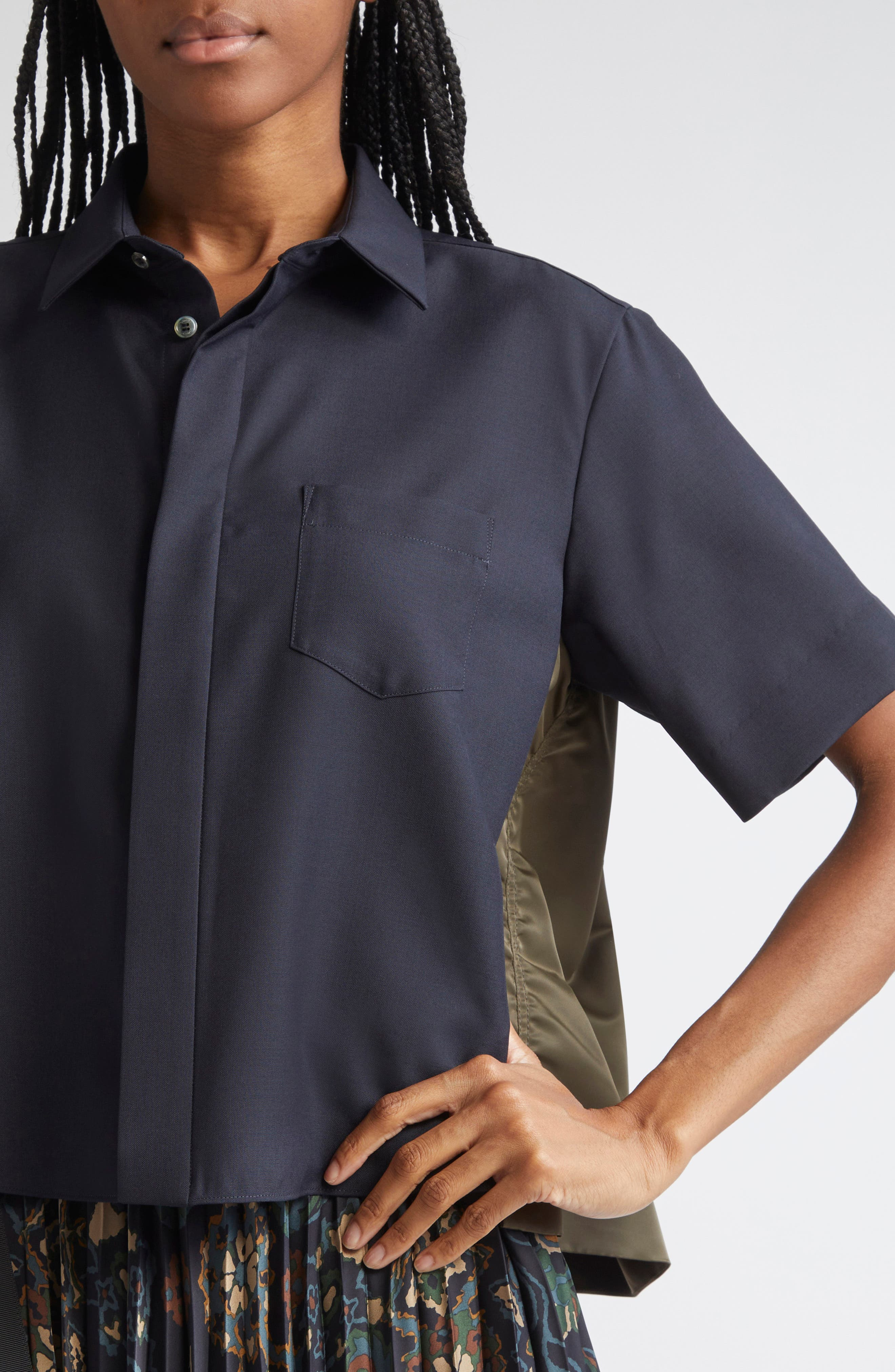Sacai Suiting Fabric Mix Button-Up Camp Shirt in Navy/Dark Khaki at Nordstrom - 5