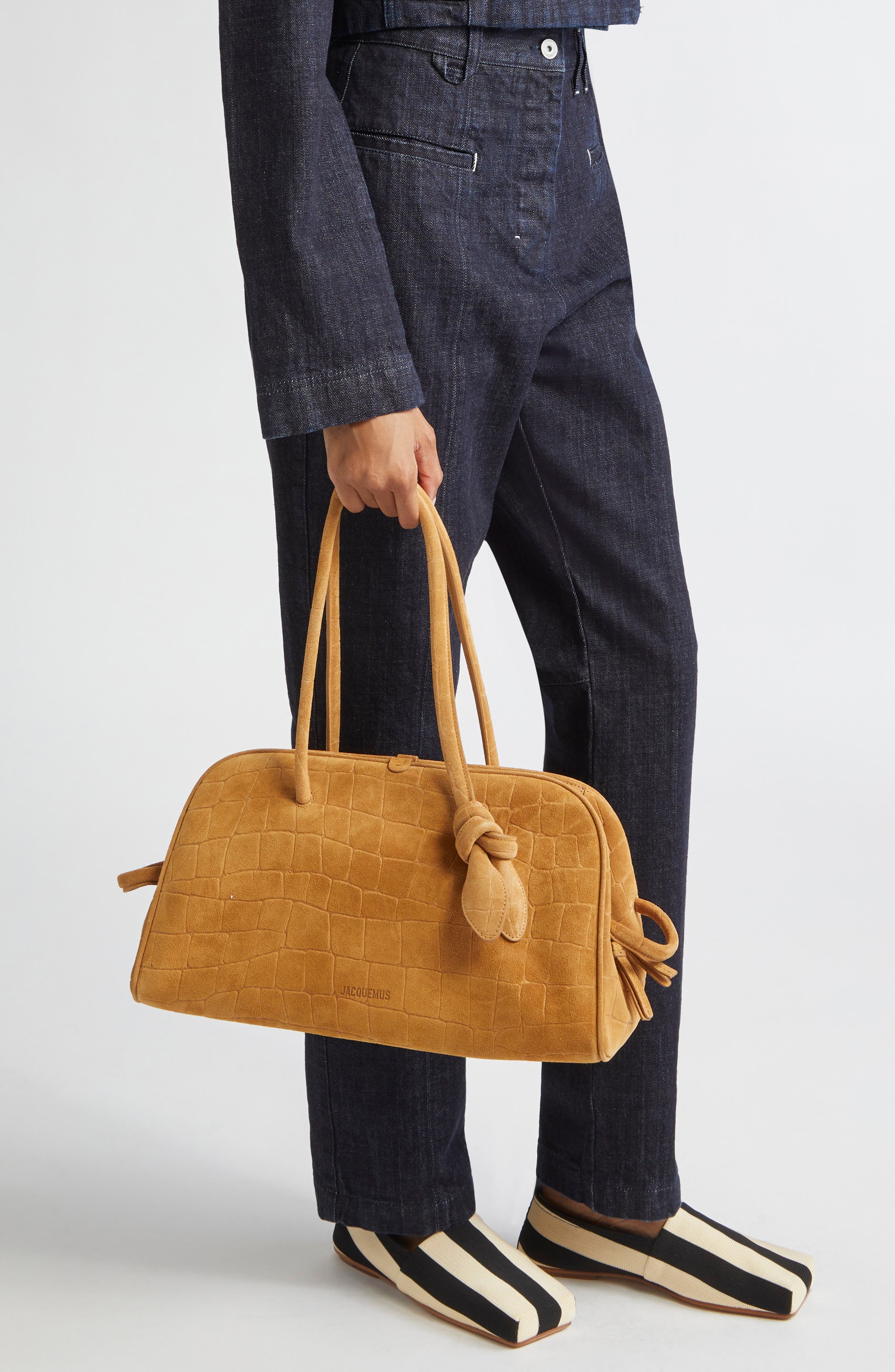 Jacquemus Le Turismo Croc Embossed Suede Bowling Bag in Camel at Nordstrom - 2