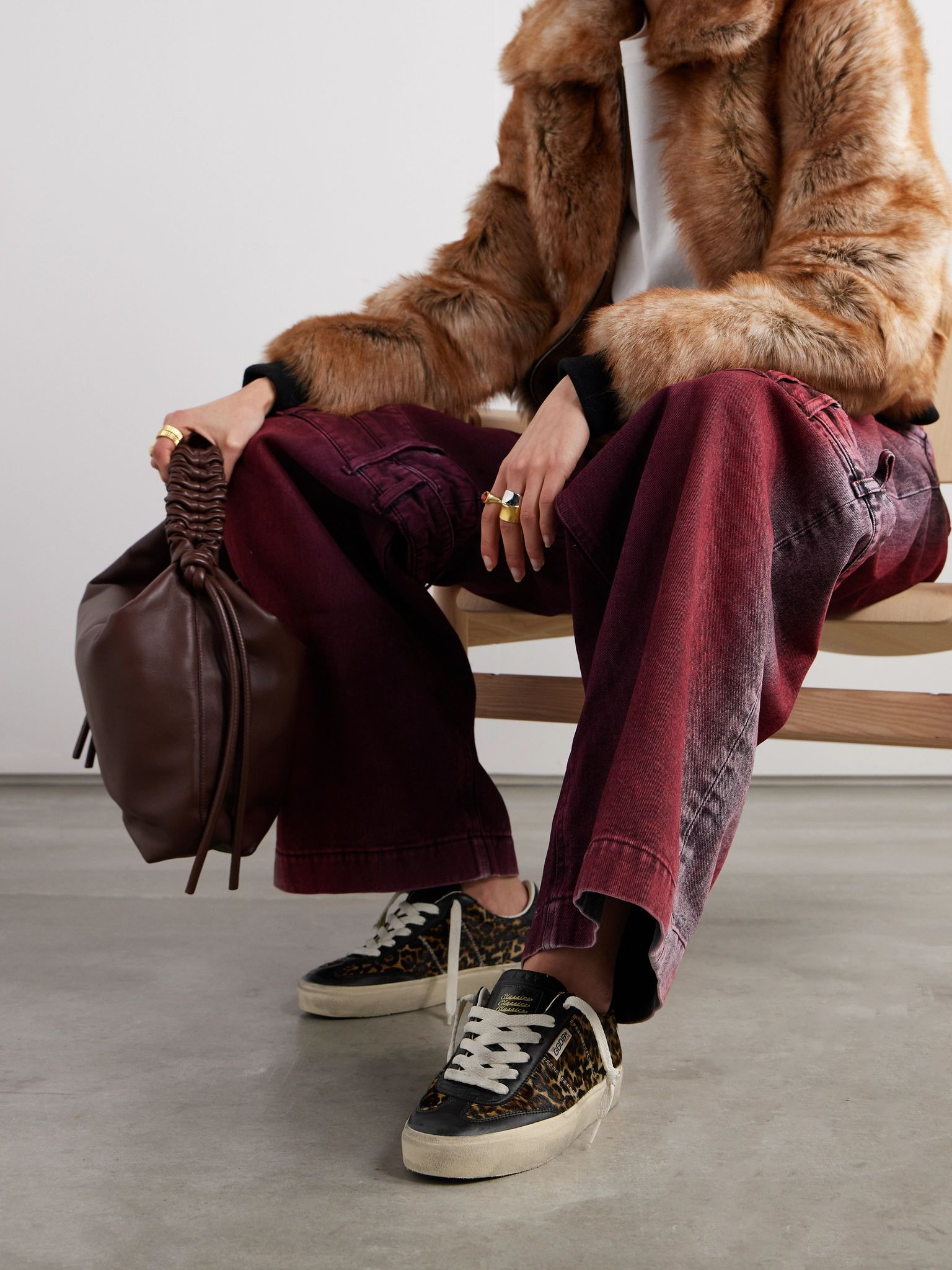 Soul-Star distressed leather-trimmed leopard-print calf hair sneakers Leopard print - 2