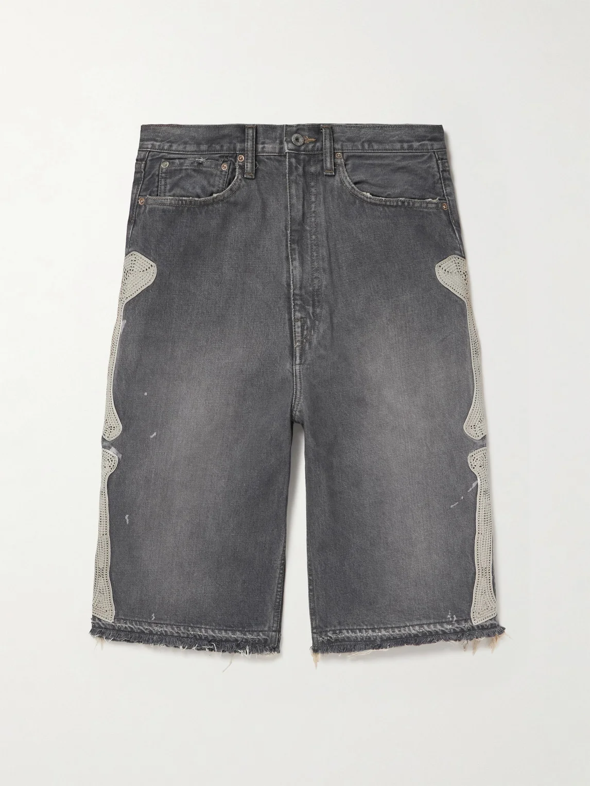 Wide-Leg Appliquéd Distressed Denim Shorts - 1