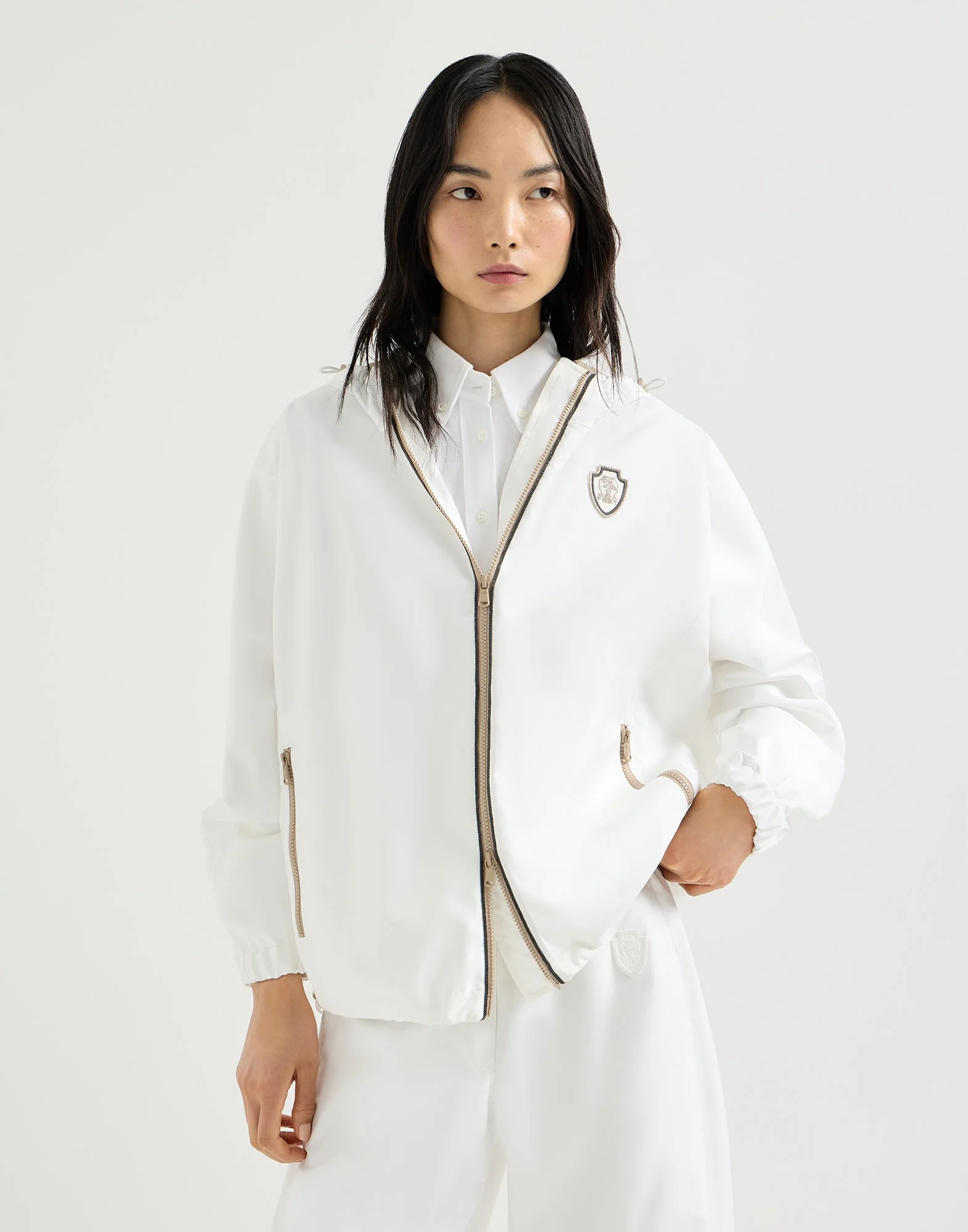 Nylon hooded outerwear jacket with logo and precious trims - 1