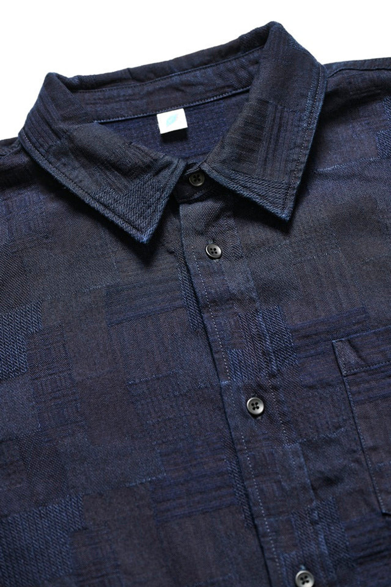 2239-ID Woven Jacquard BORO Patchwork Shirt - Double Indigo 3