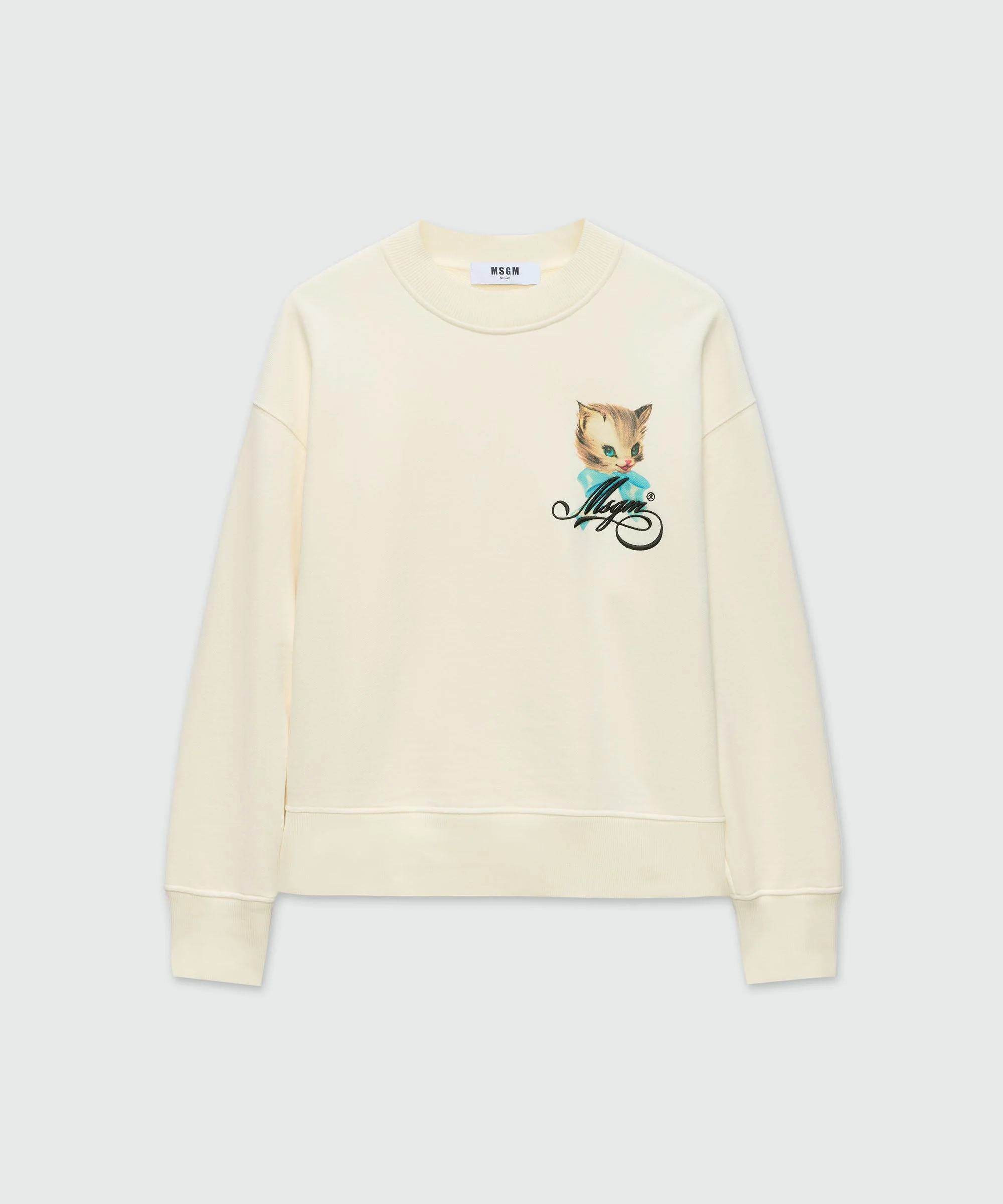 Ivory jersey sweatshirt with "Cute Kitty" graphic and cursive MSGM logo - 1