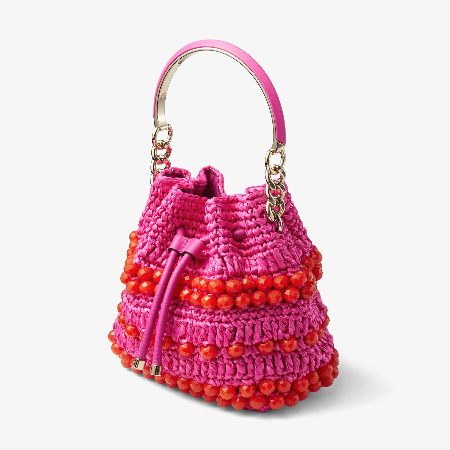 Bon Bon Bucket S
Fuchsia Beaded Raffia and Smooth Leather Tote Bag - 4