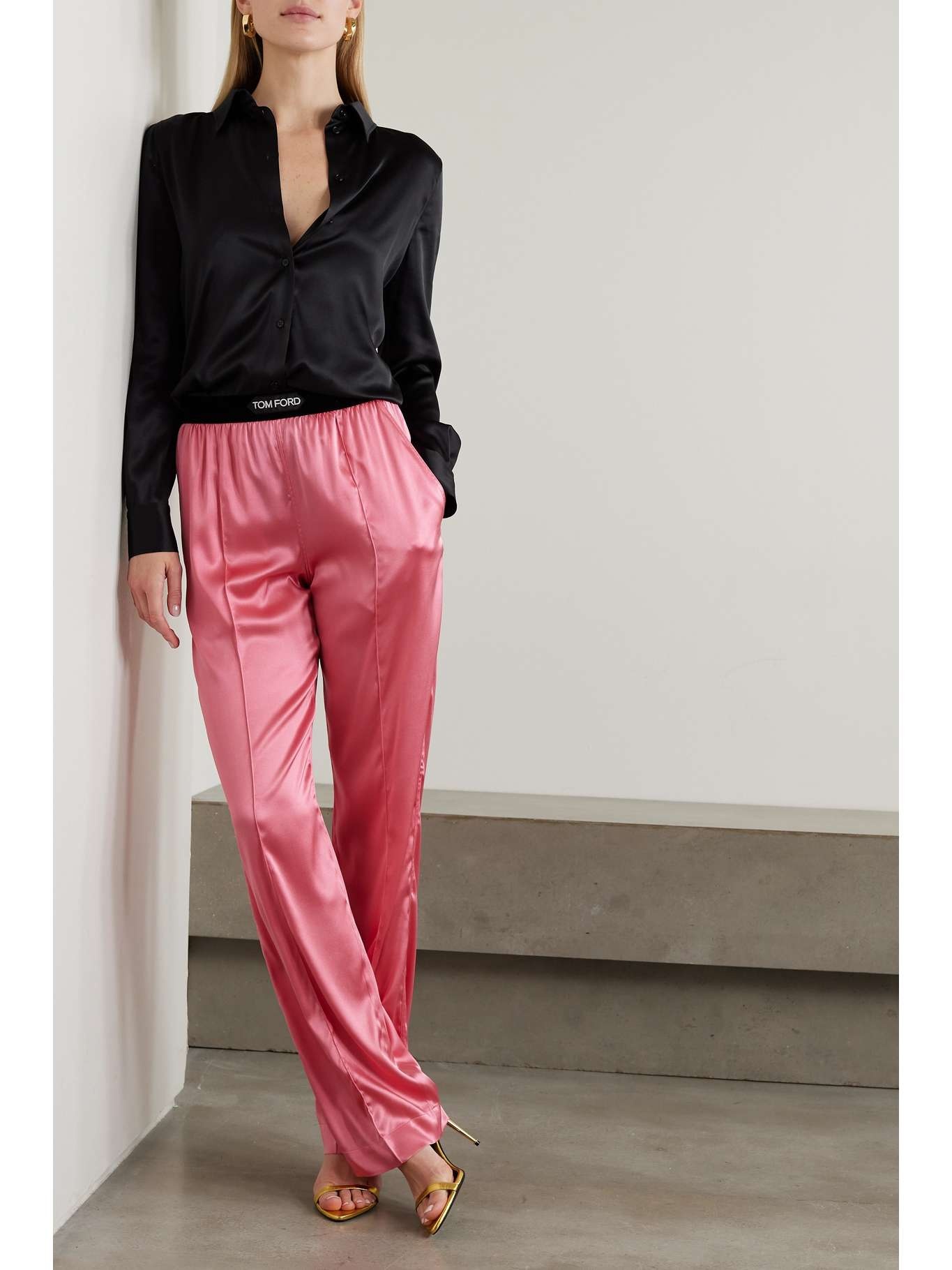 Jacquard-trimmed stretch-silk satin wide-leg pants - 2