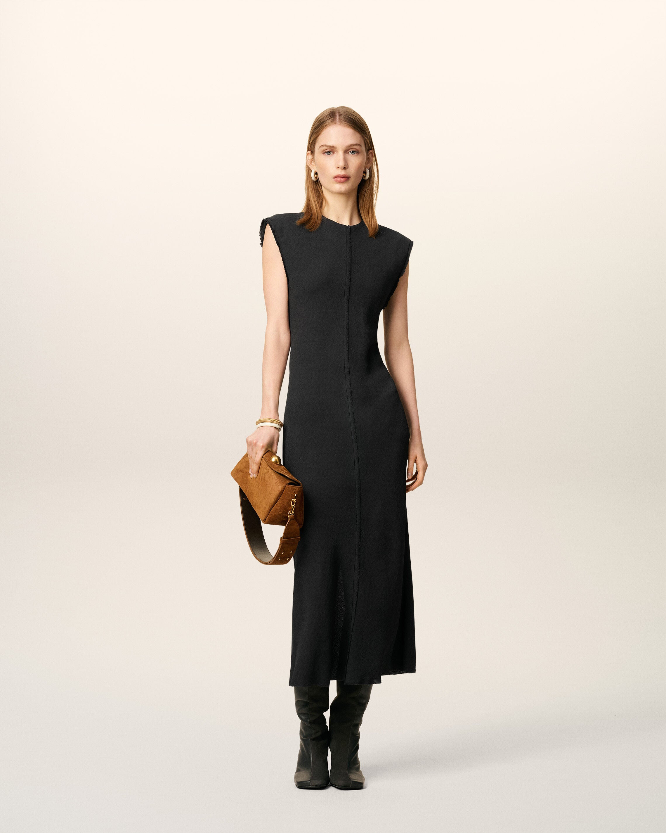 BLACK LONG  RAW EDGE DETAILS DRESS - 2