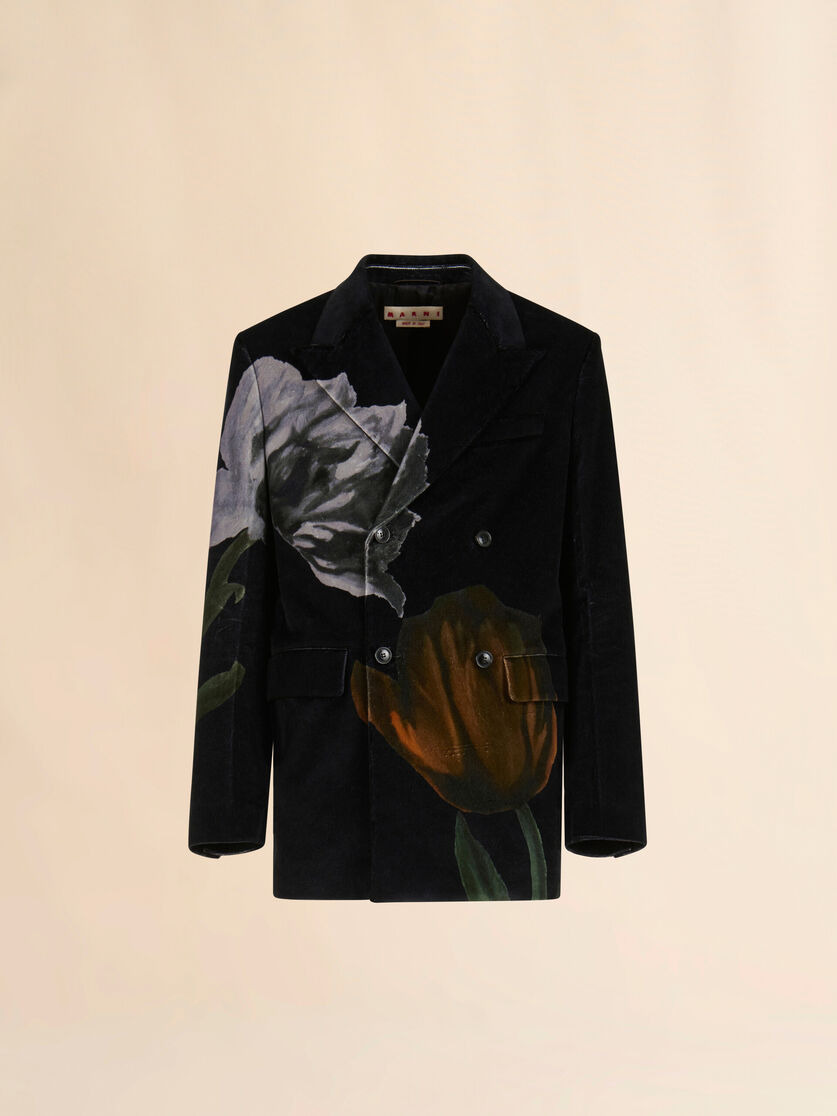 BLACK VELVET BLAZER WITH TULIP PRINT - 1