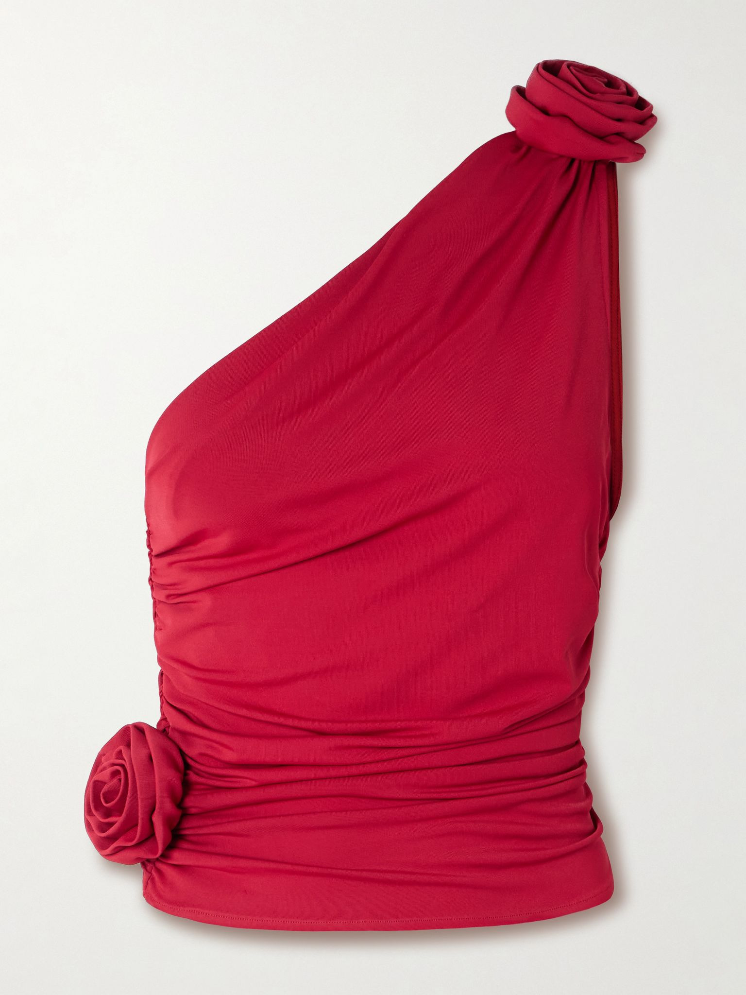 One-shoulder appliquéd gathered stretch-jersey top Red - 1