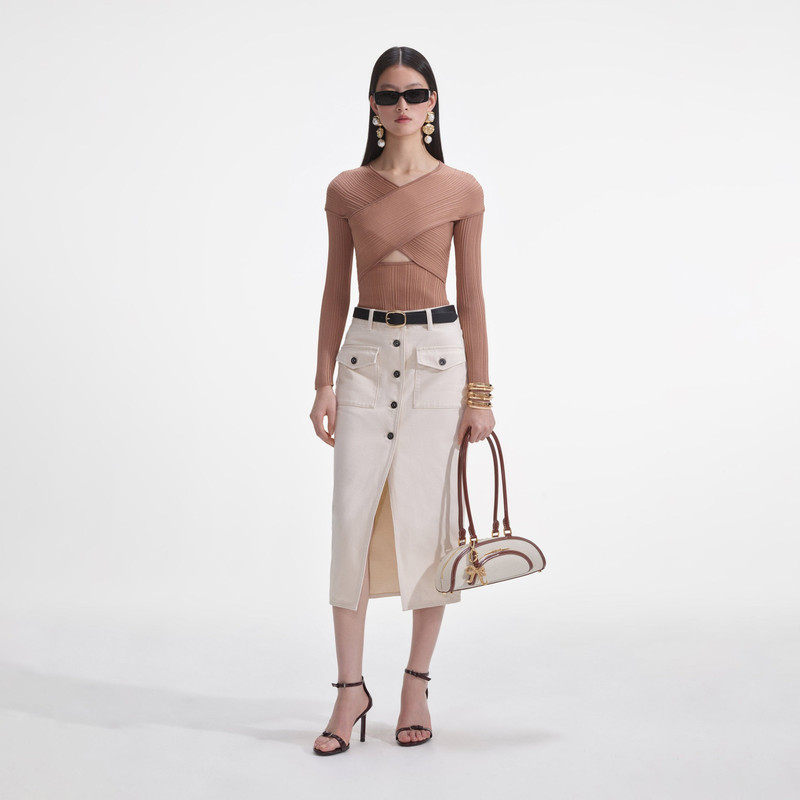 Beige Ribbed Knit Wrap Top 1