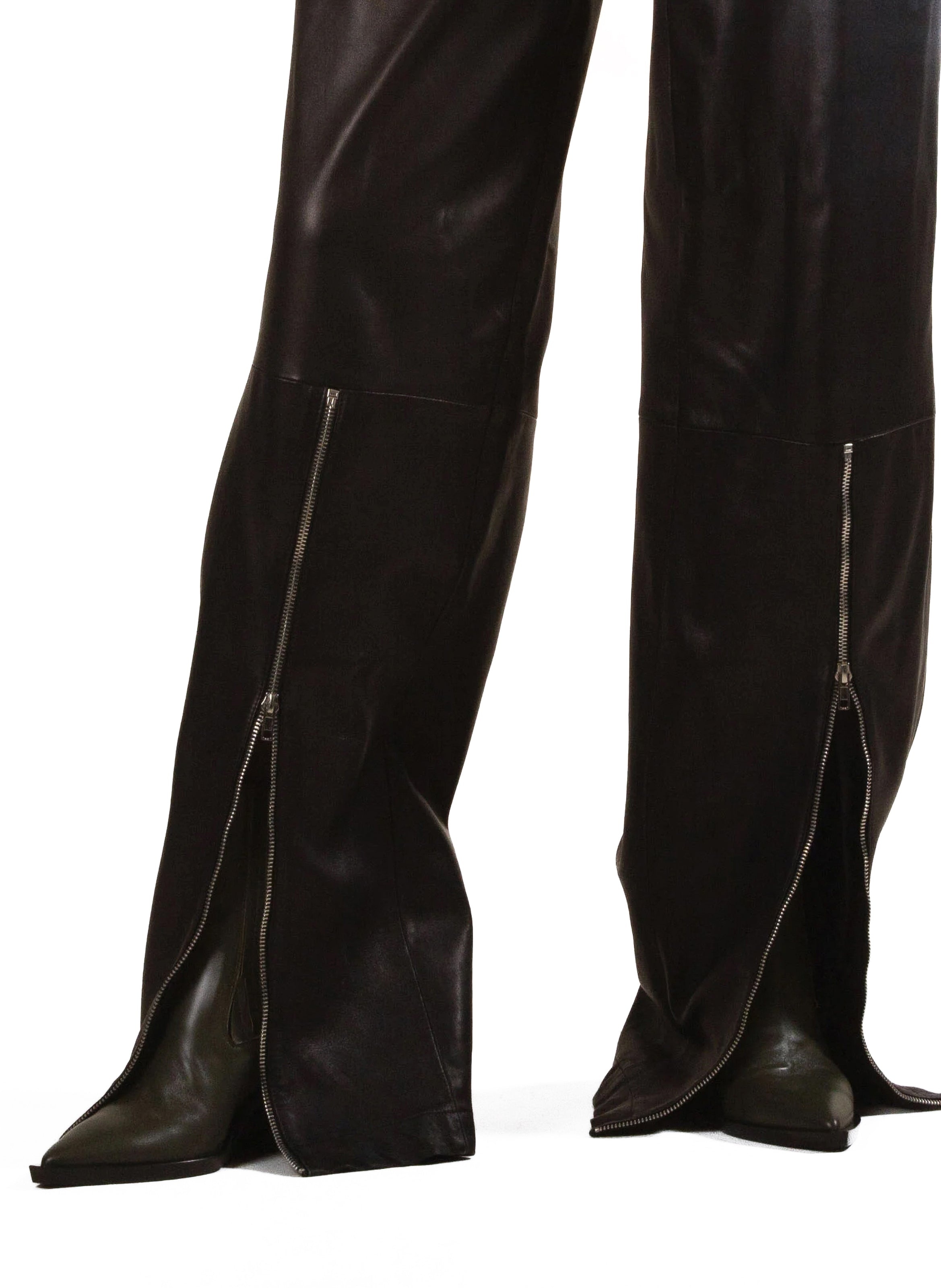 Wide Leg Leather Zipper Trousers - 2