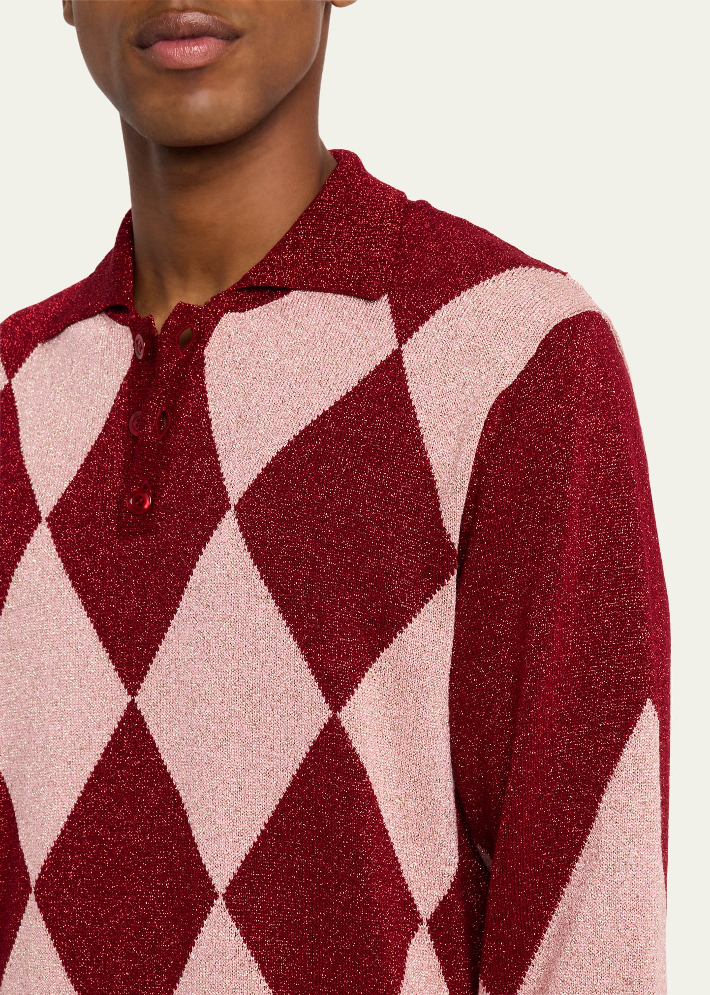 Men's Lurex Argyle Knit Polo Shirt - 5