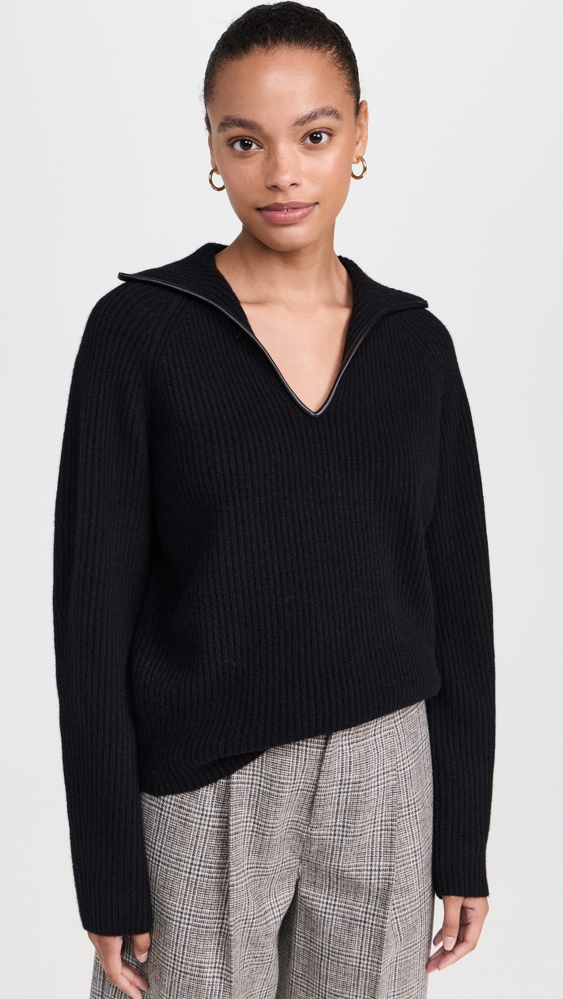 Leather Trim Ribbed Polo Sweater - 1