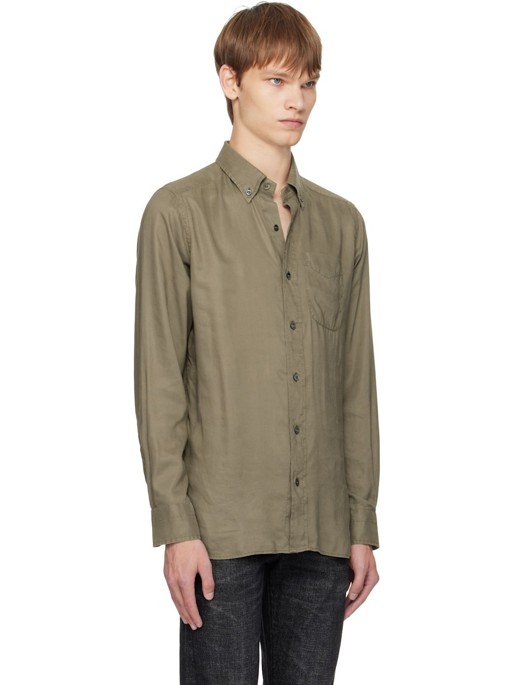 Khaki Gabardine Slim Fit Shirt - 2