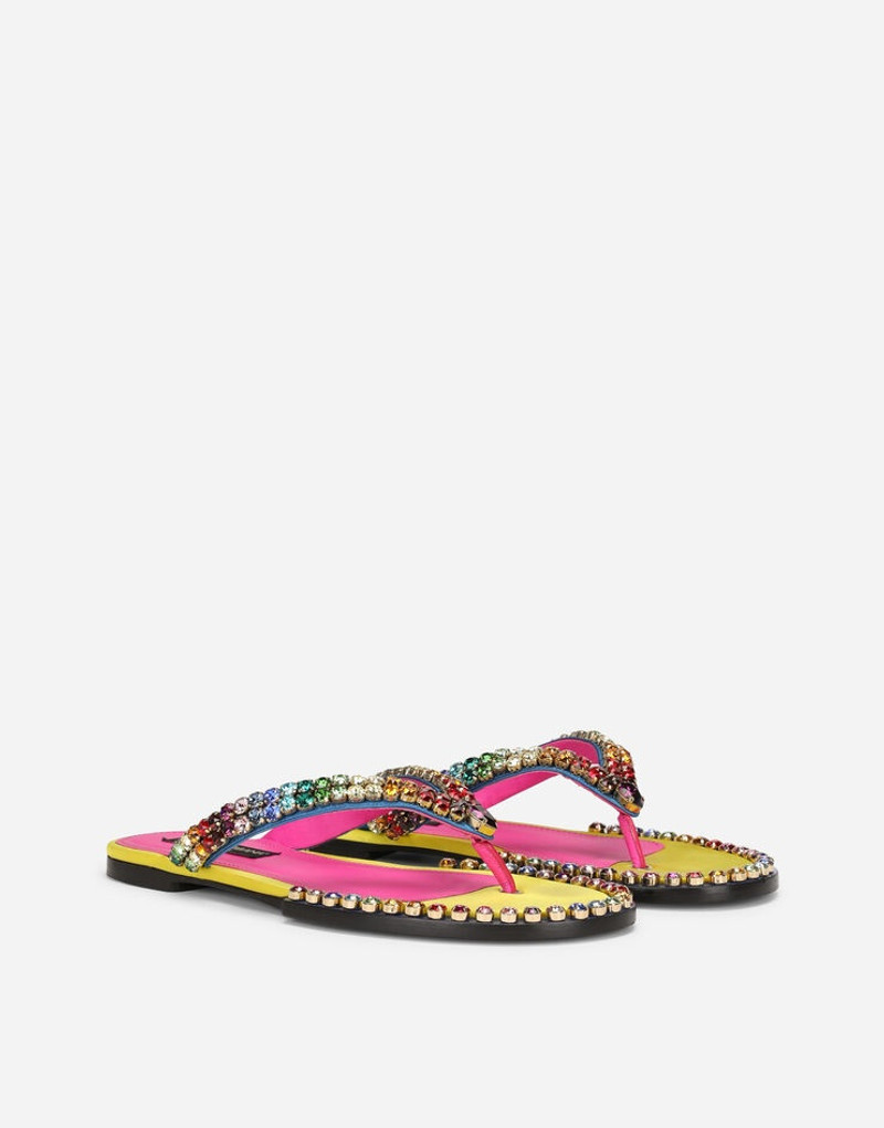 Leather thong sandals with multi-colored crystals 2