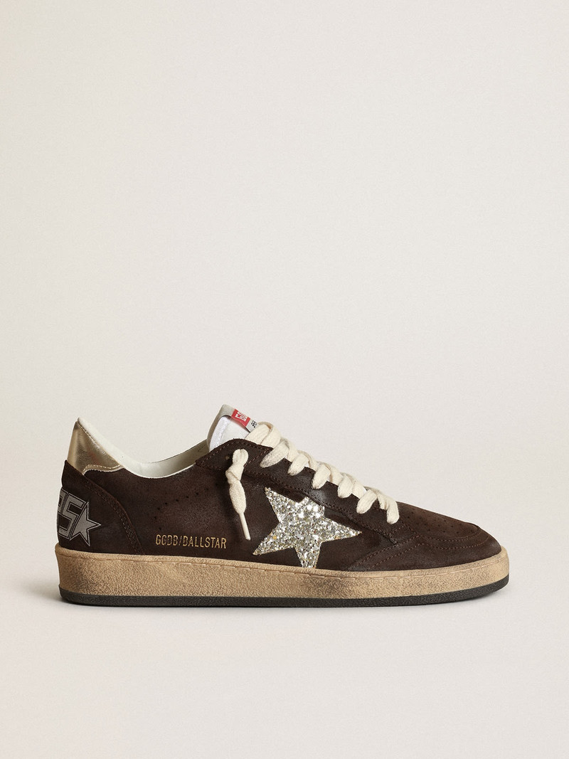 Ball Star sneakers in brown suede with platinum glitter star and white nylon tongue - 1