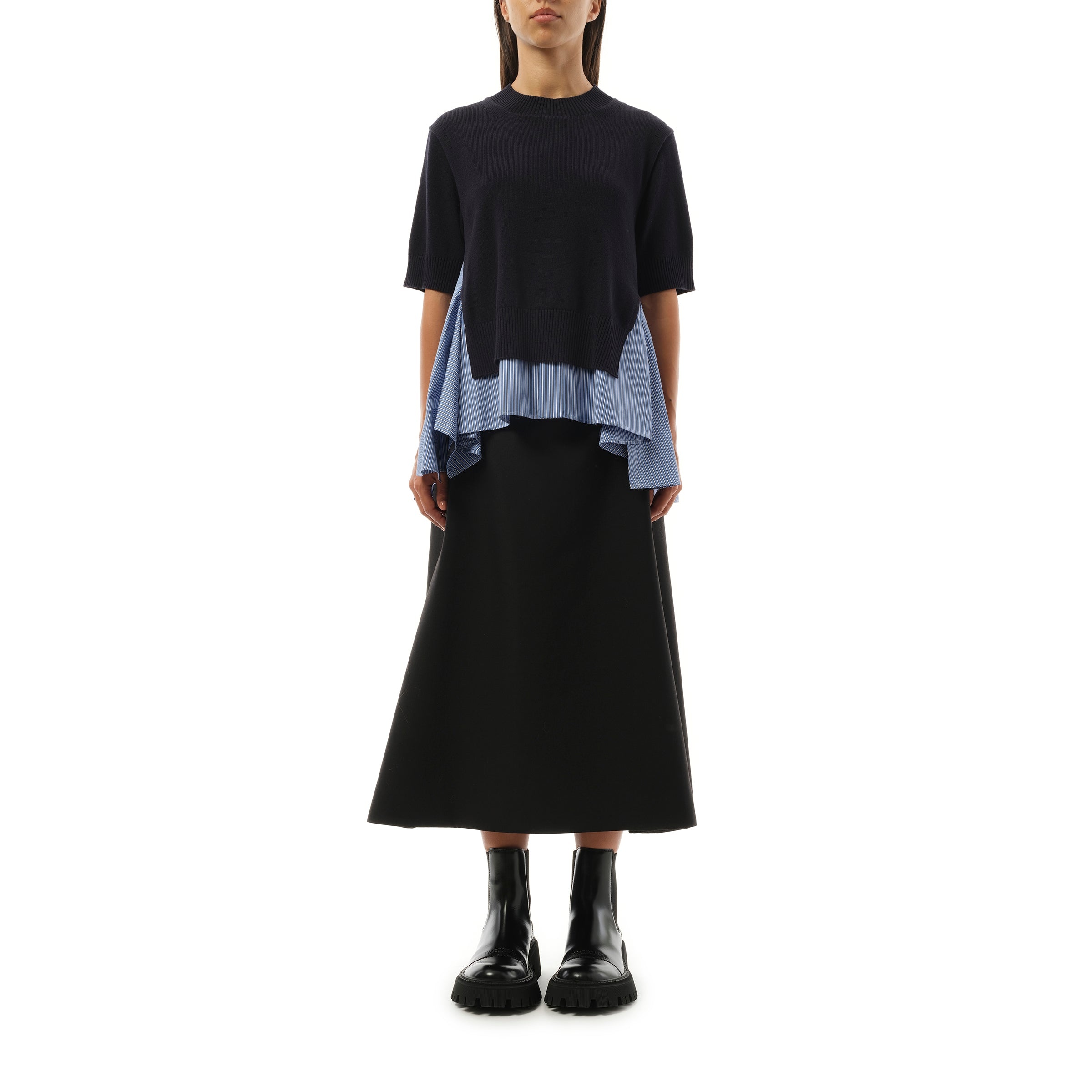 sacai Cotton Poplin x Knit Pullover in Navy/Blue Stripe