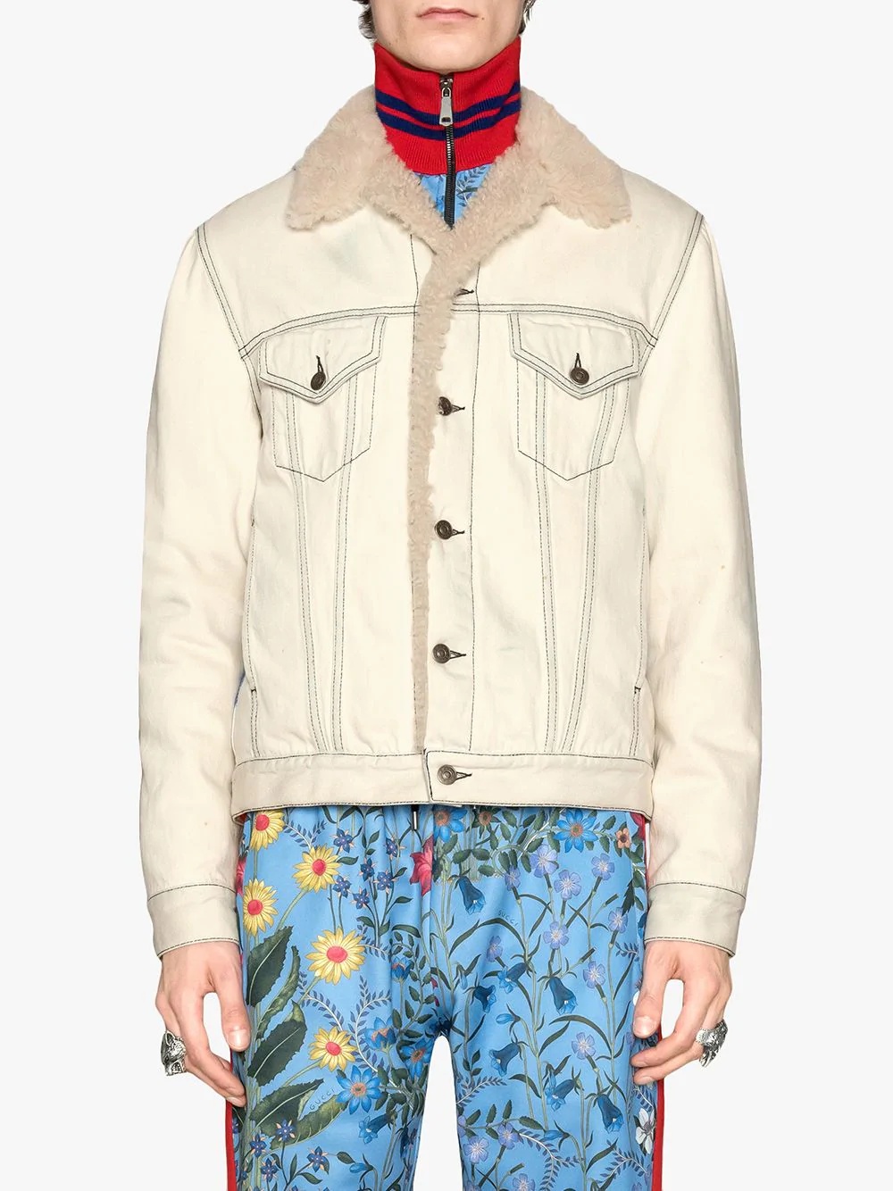 Shearling lined denim jacket with sketch snake print - 3