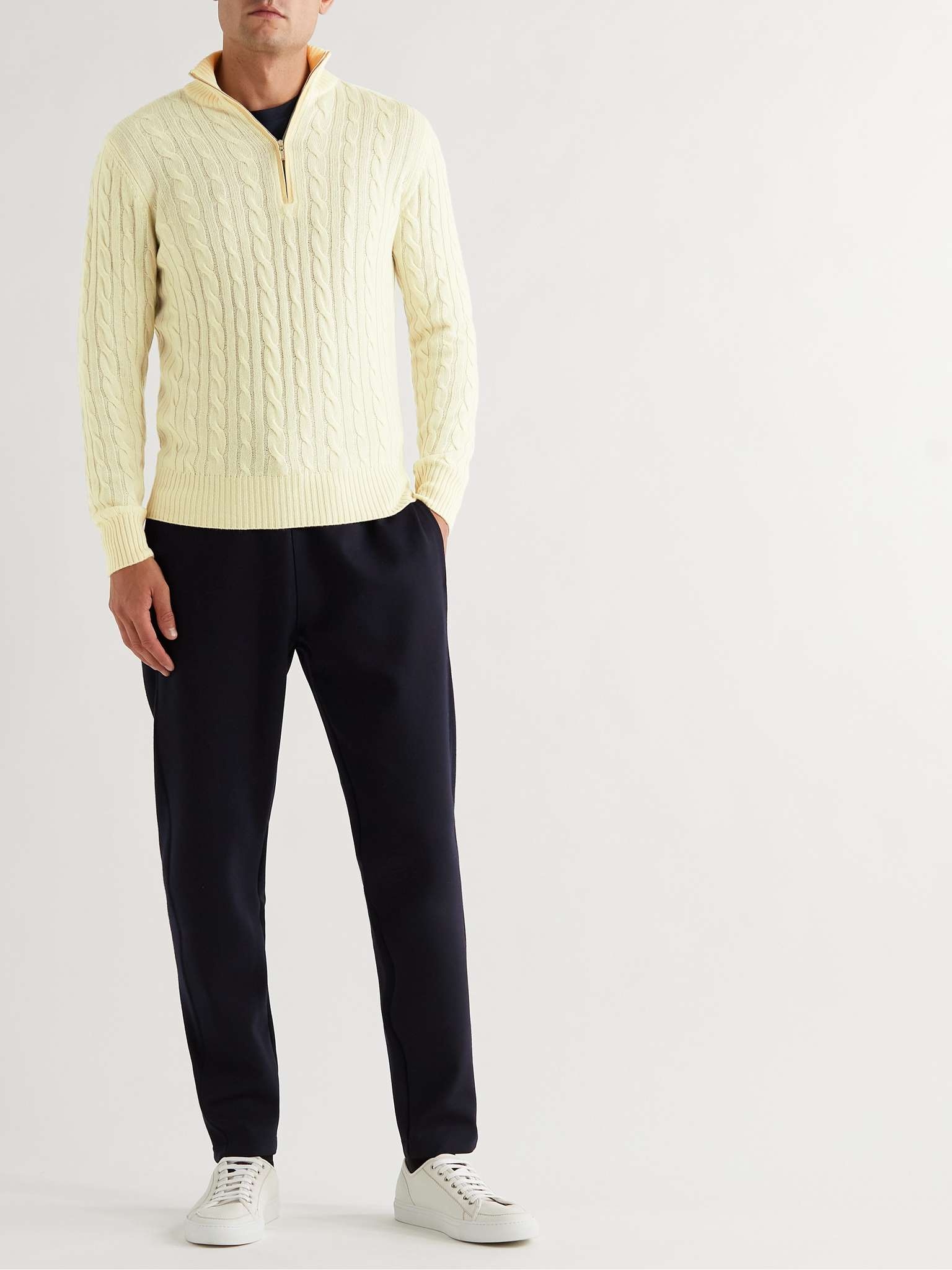 Suede-Trimmed Cable-Knit Baby Cashmere Half-Zip Sweater - 2