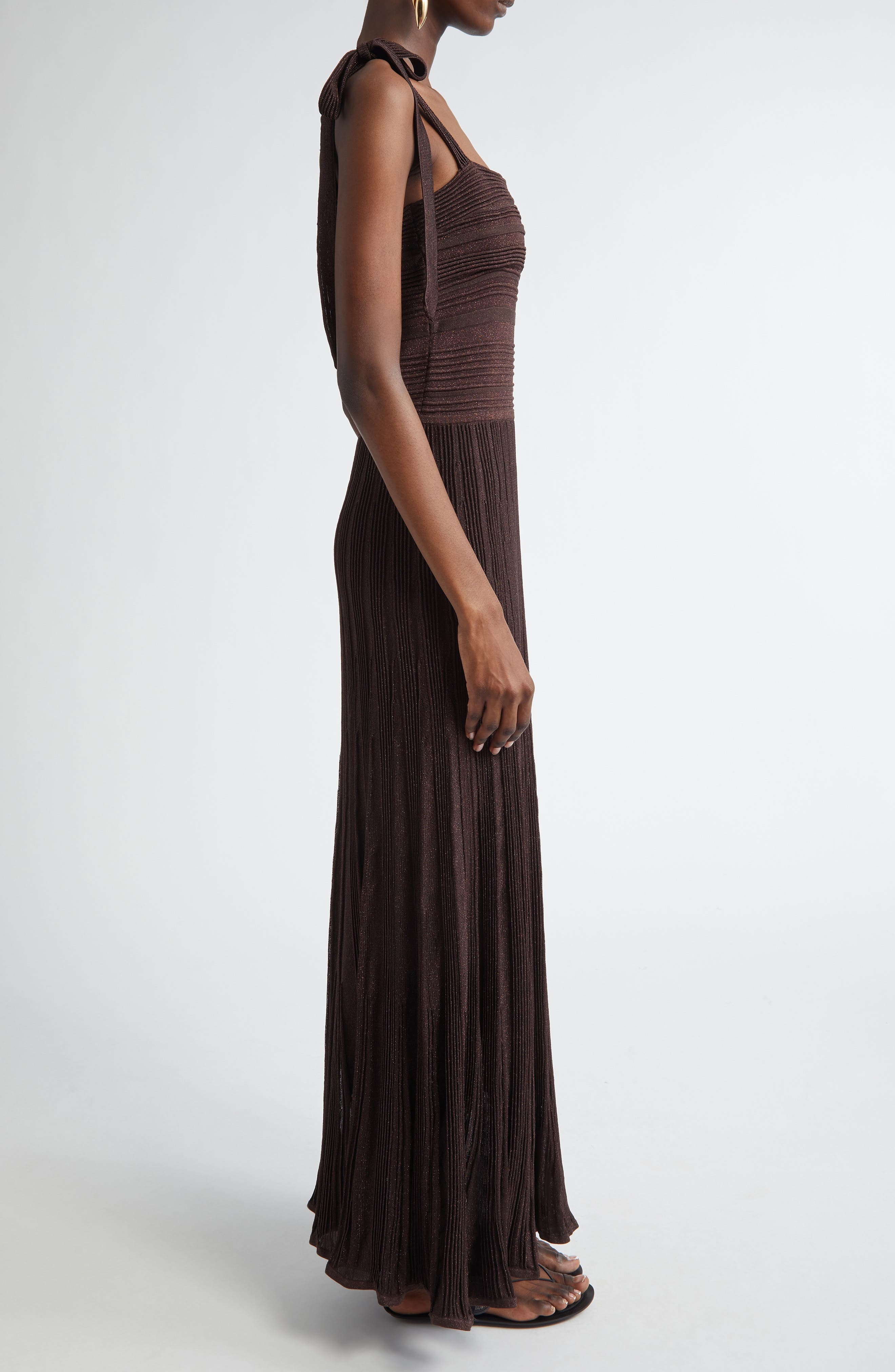 Zimmermann Lucky Tie Shoulder Metallic Rib Maxi Dress in Metallic Chocolate at Nordstrom - 3