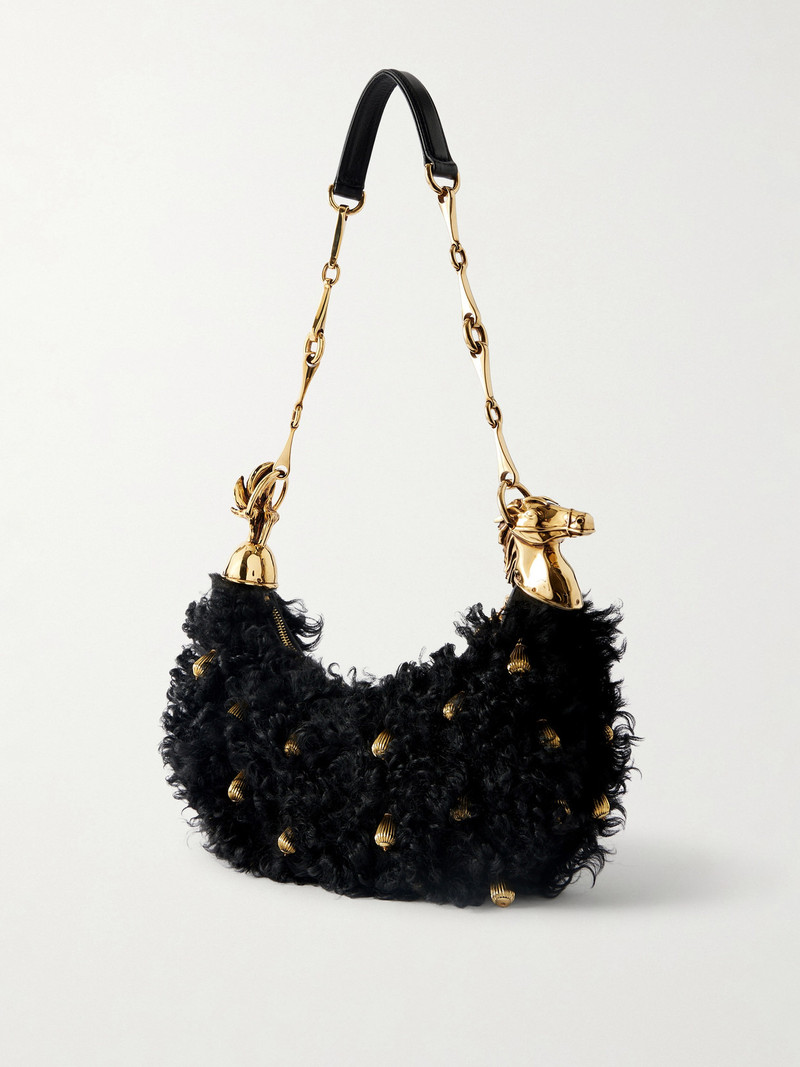 Chain Horse Embellished Shearling Shoulder Bag 4