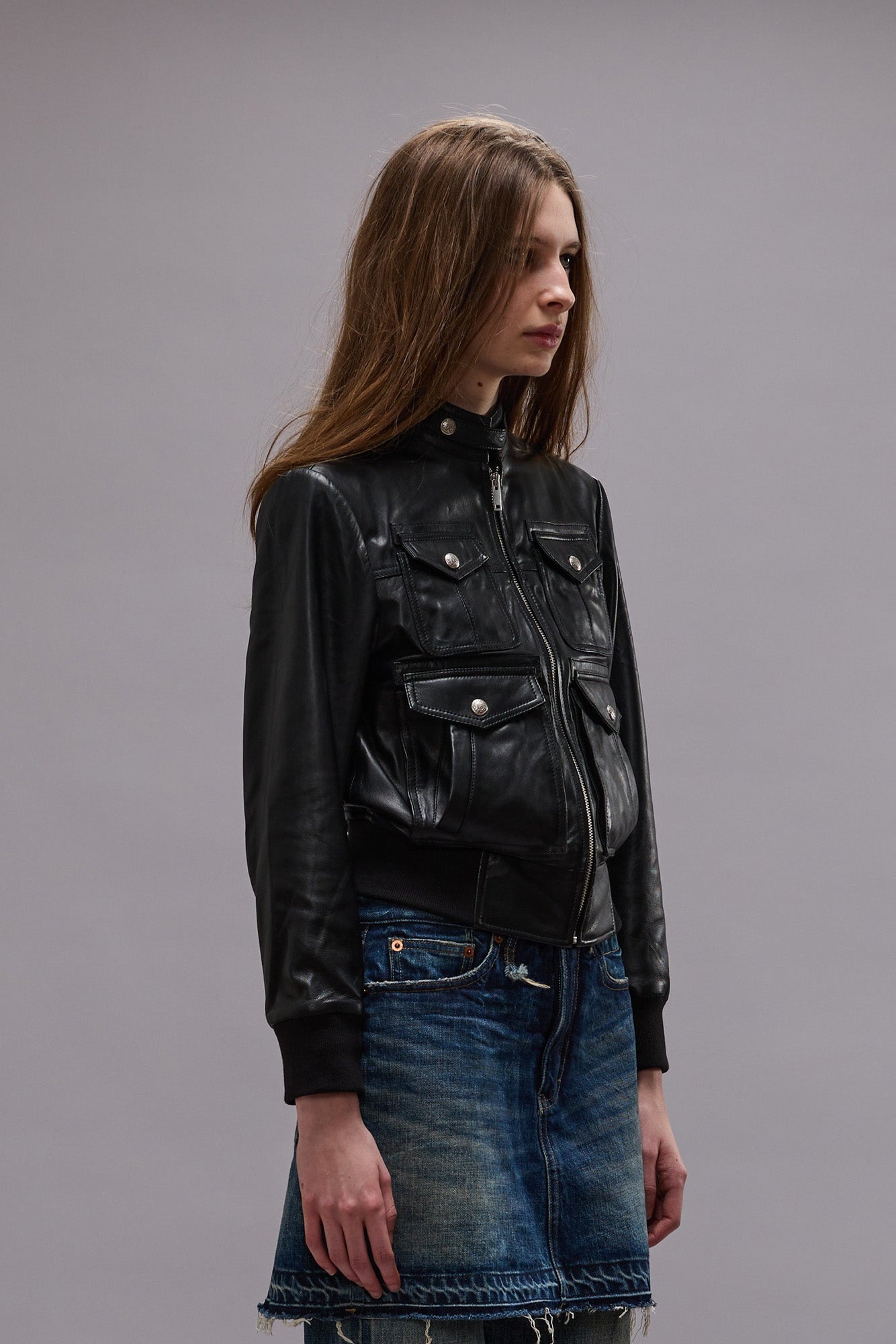 SHRUNKEN ZIP-UP LEATHER JACKET - BLACK -R13 - 5