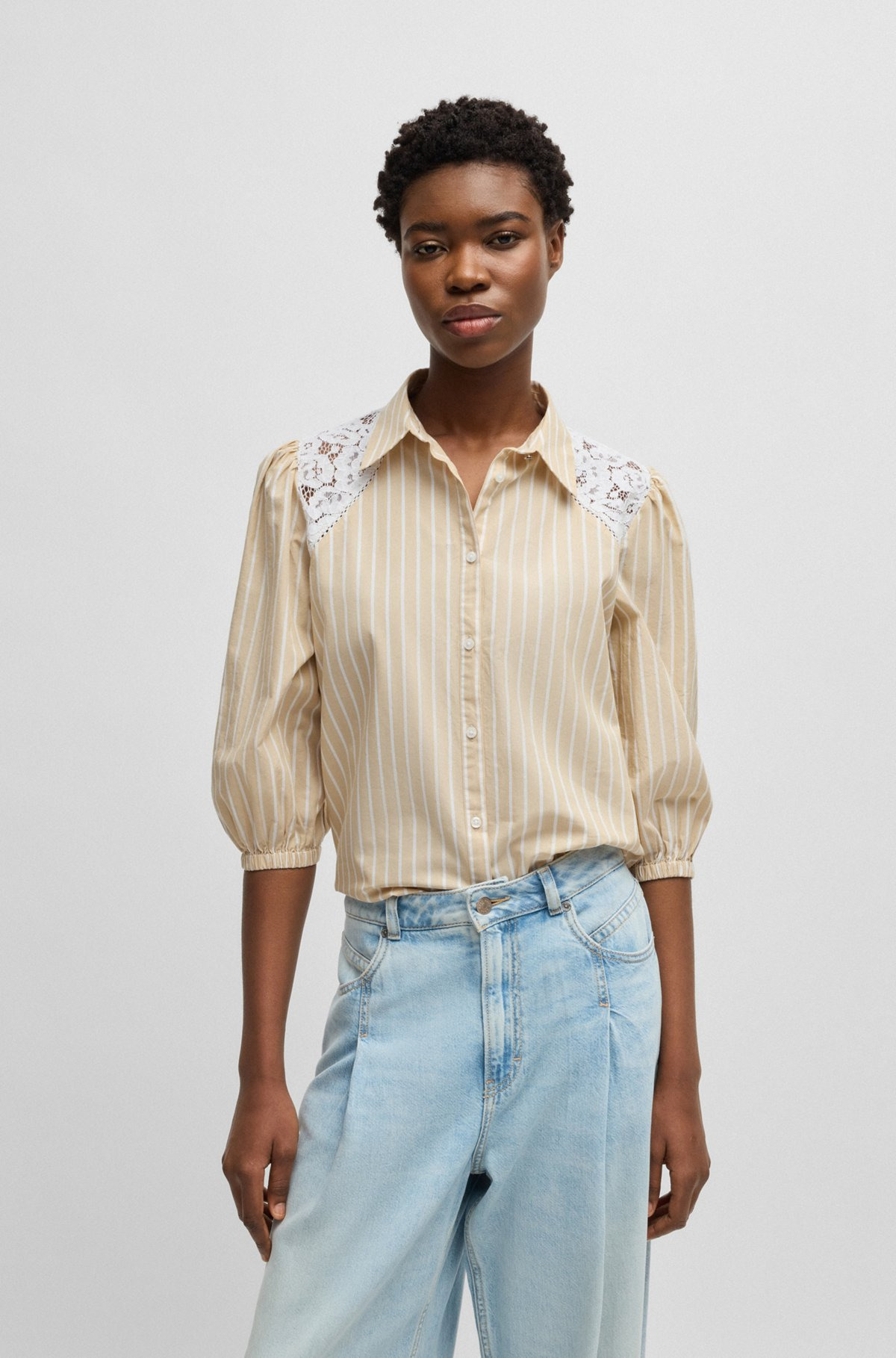 STRIPED REGULAR-FIT BLOUSE WITH LACE SHOULDERS - 2
