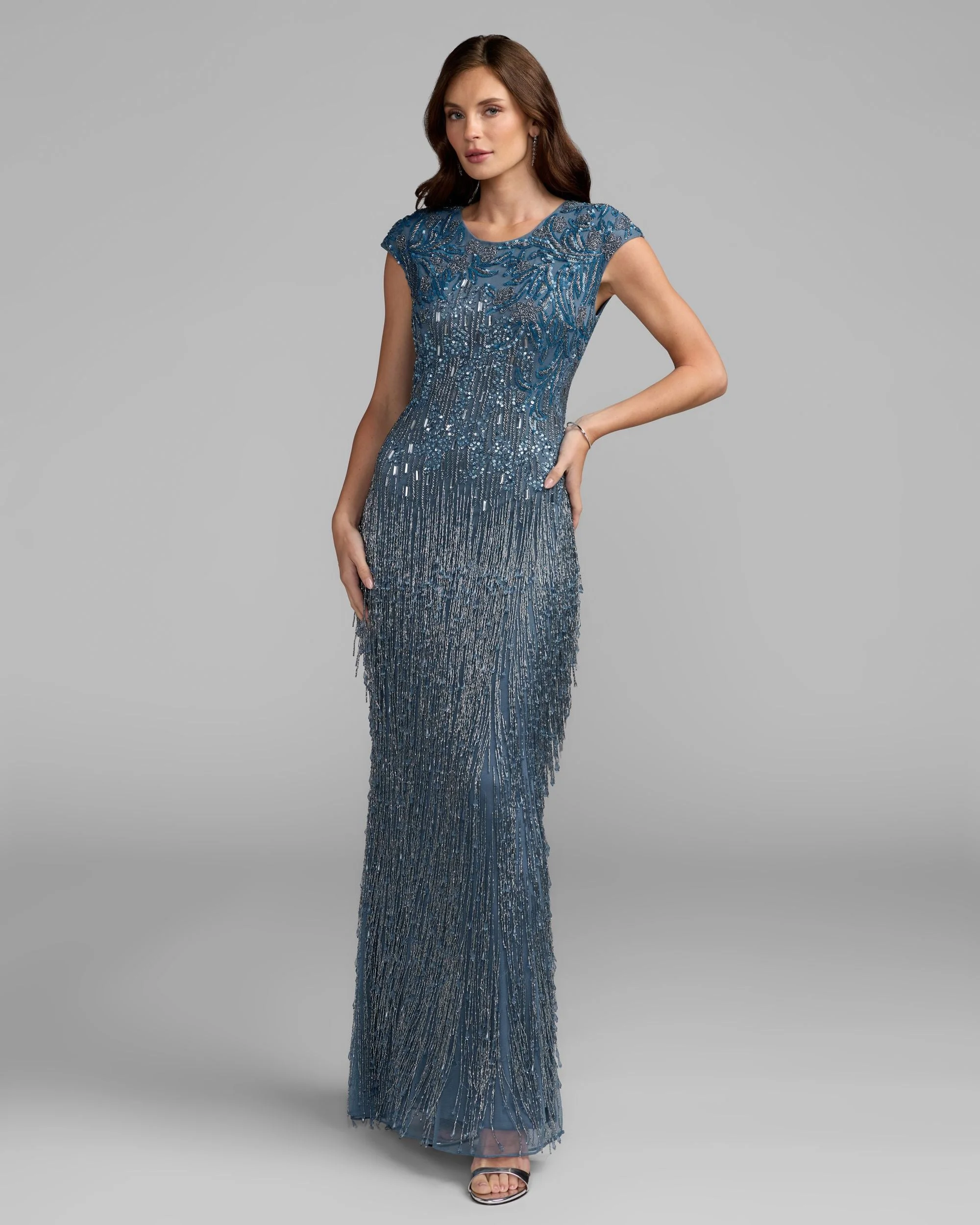 Slate Blue Embellished Cap Sleeve Gown With Fringe Beading - 1
