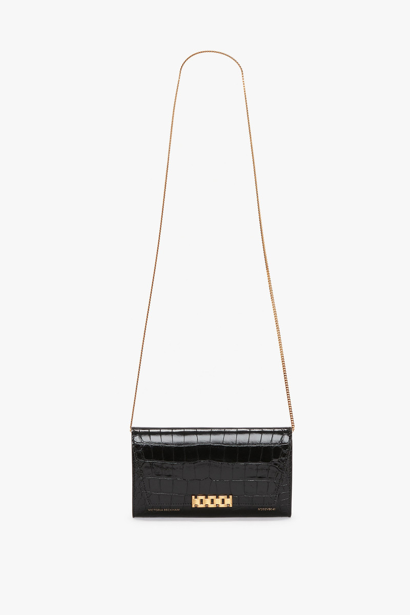 Wallet On Chain In Black Croc-Effect Leather 1
