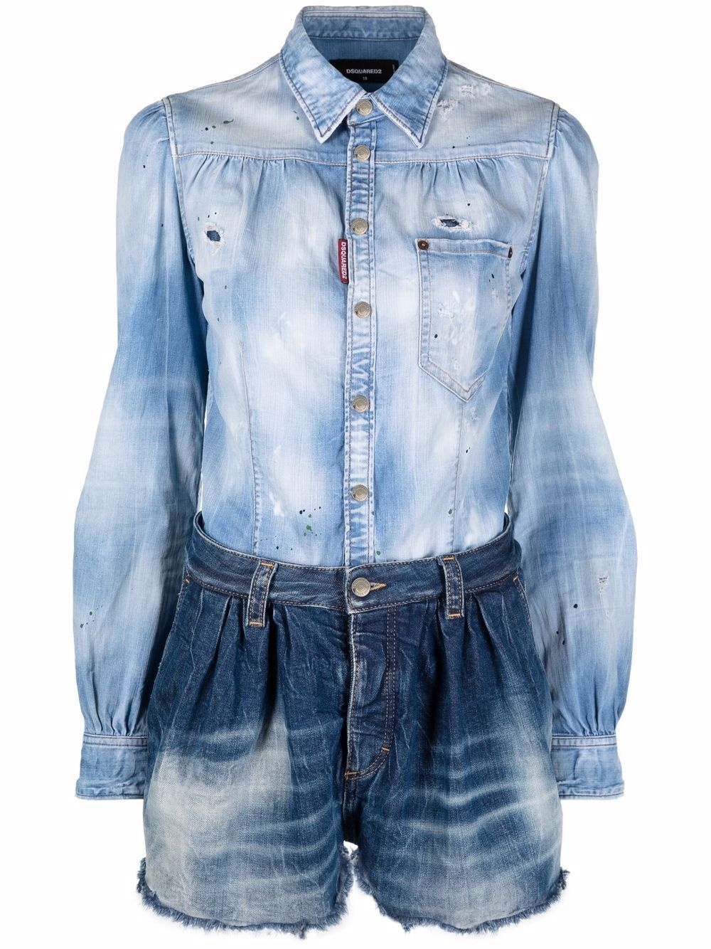 two-tone distressed denim playsuit - 1