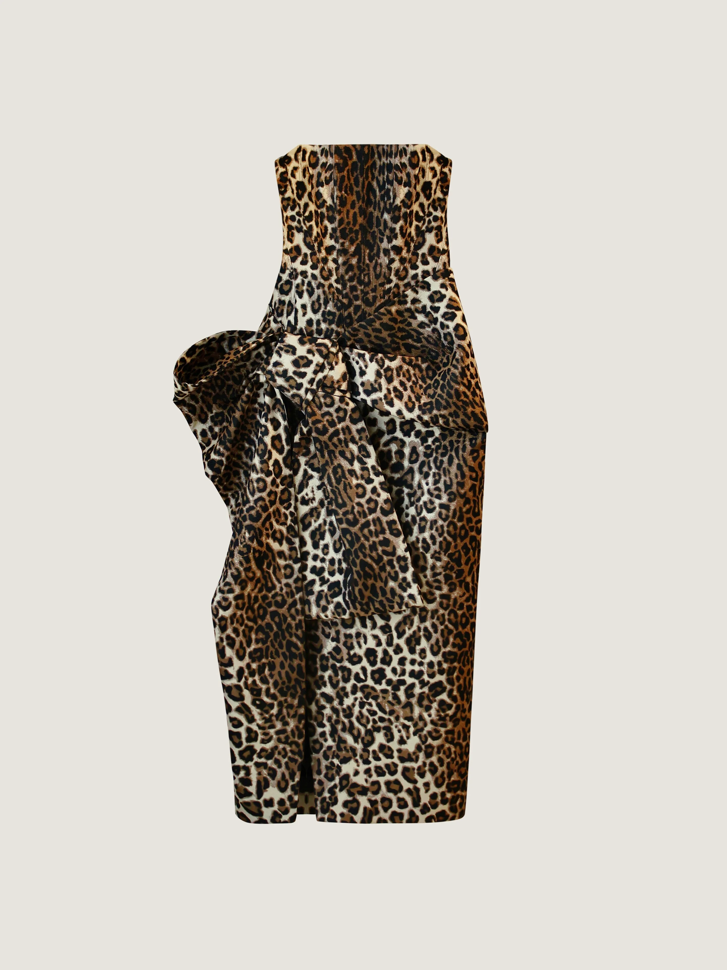 LONG BUSTIER DRESS IN LEOPARD JACQUARD WITH BOW - 1