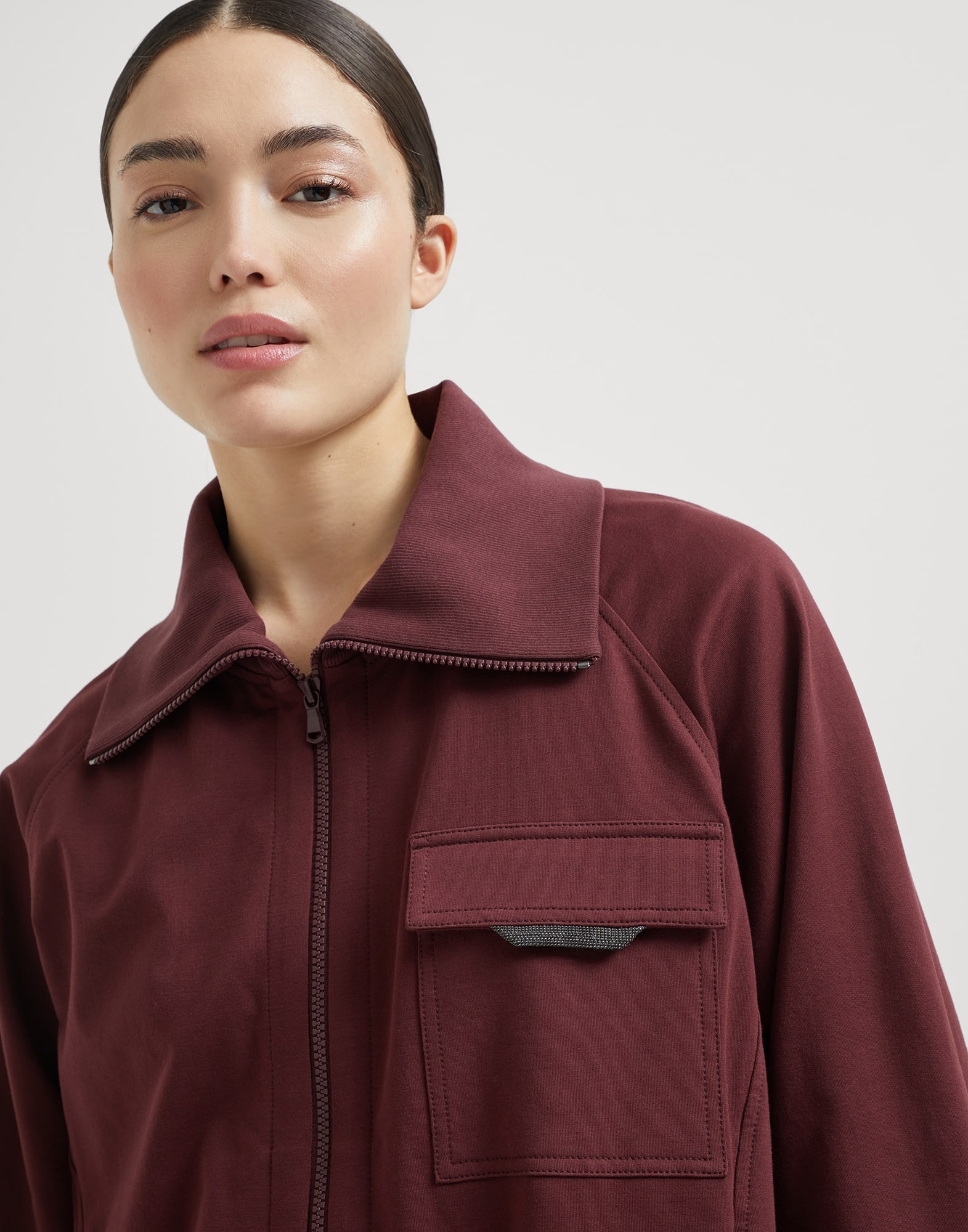 Stretch cotton lightweight French terry sweatshirt with zip and shiny flap detail - 3