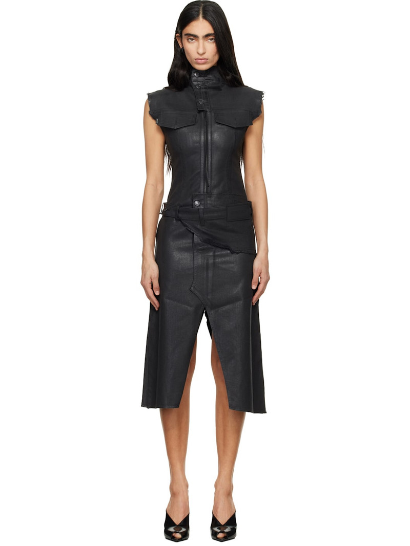 Black Glazed Denim Belted Midi Dress 1