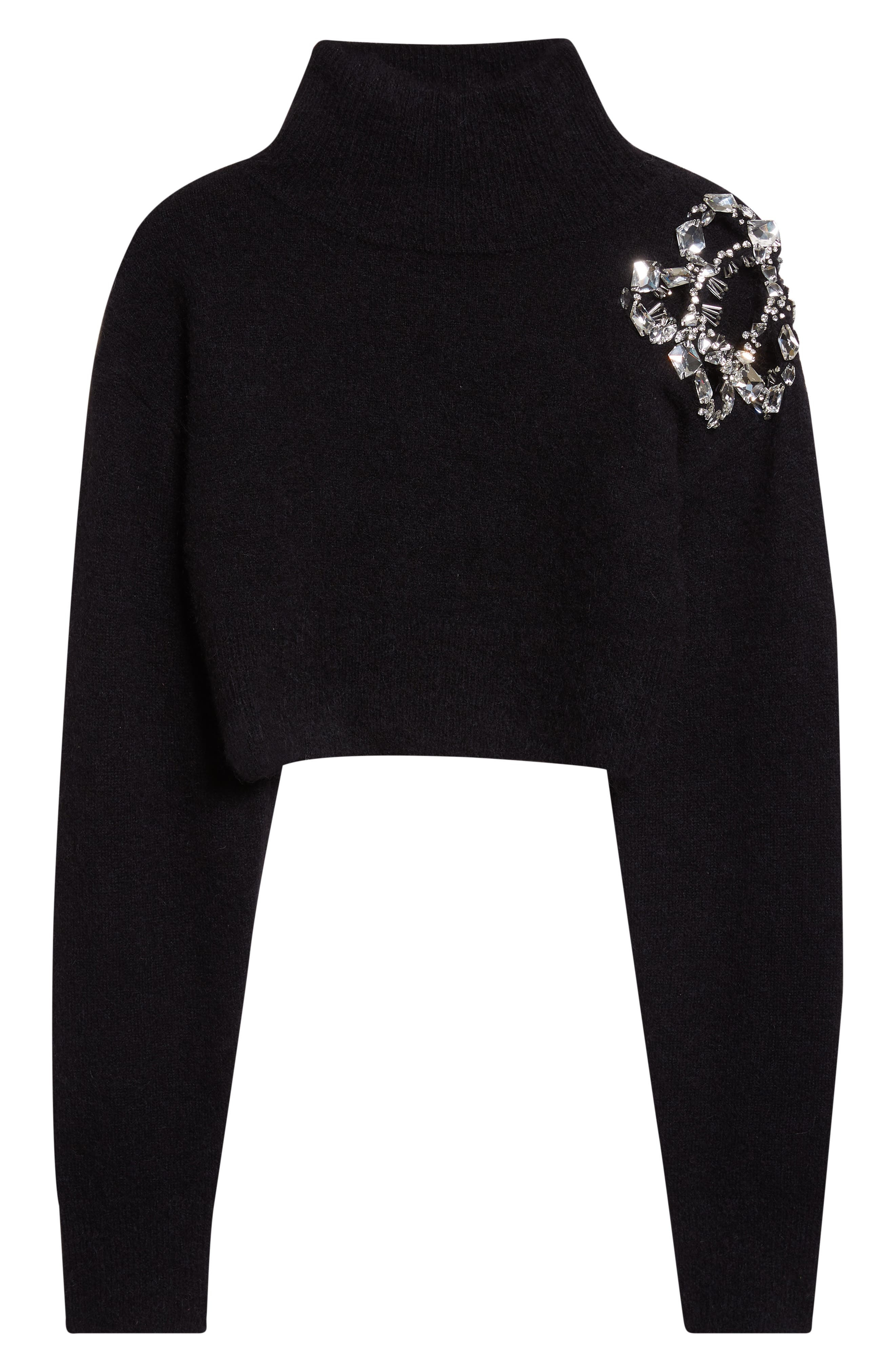 Area Crystal Cluster Flower Crop Alpaca & Wool Blend Sweater in Black at Nordstrom - 6