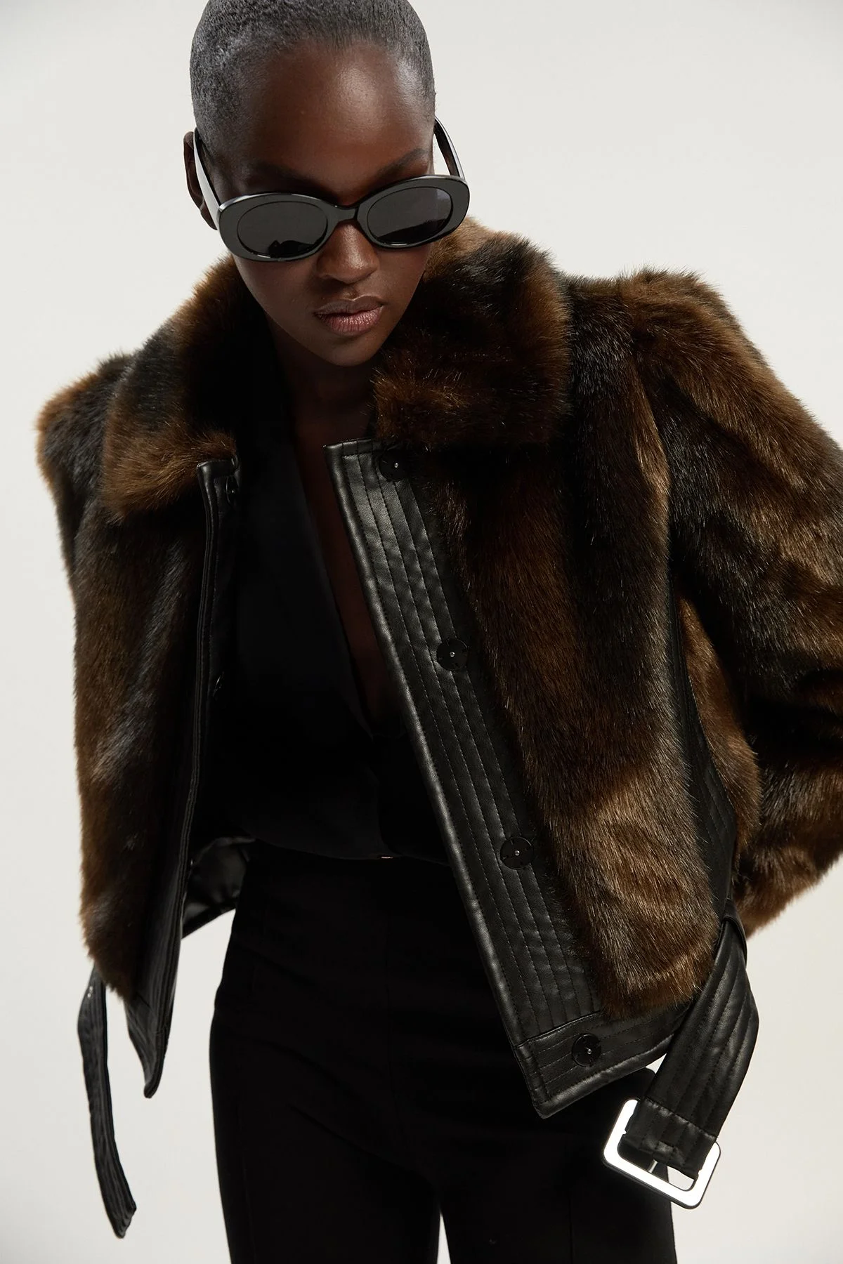 Faux Fur PU Panelled Belted Cropped Jacket - 1