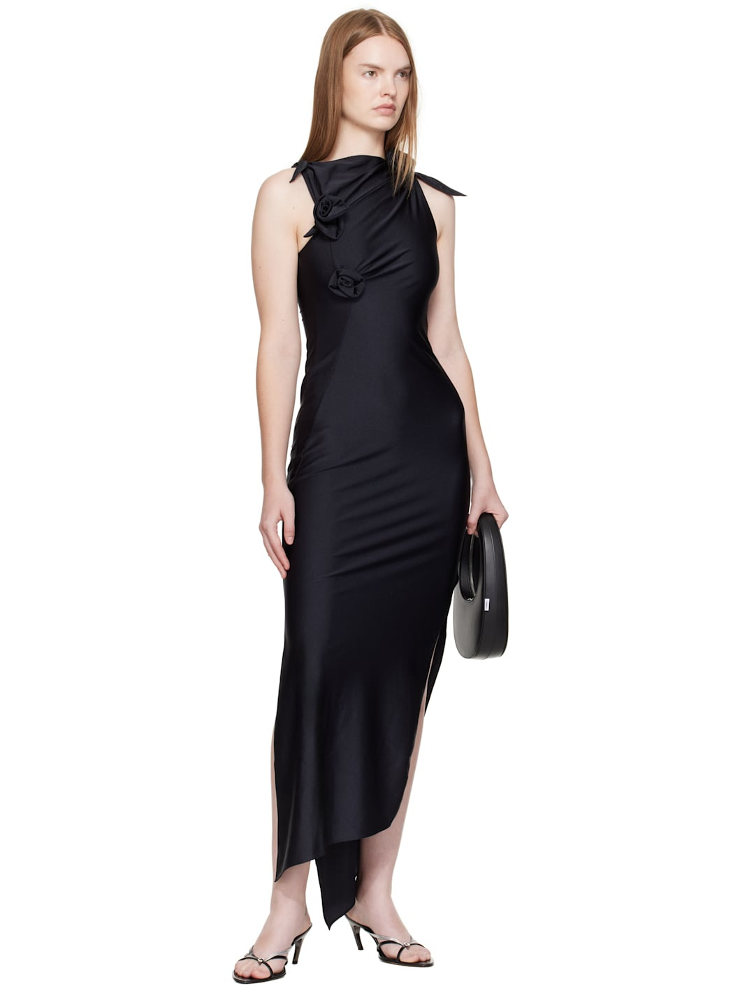 Black Asymmetric Flower Maxi Dress - 4