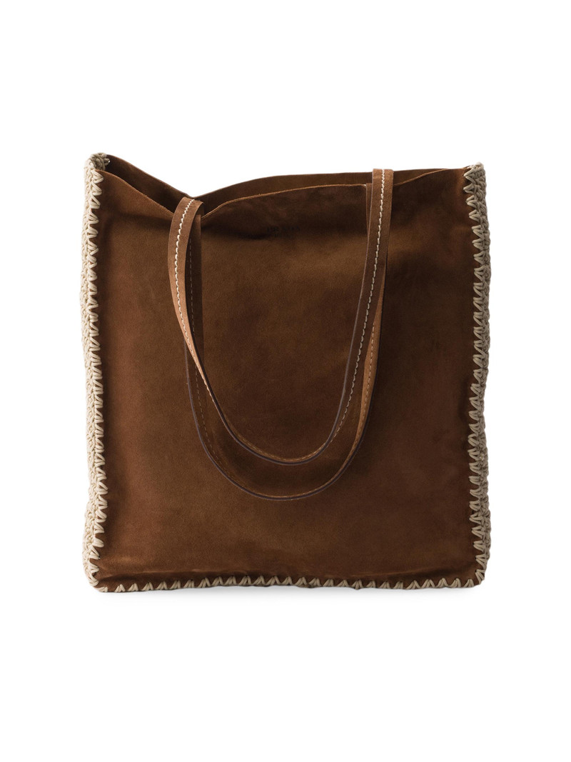 Women's Large Suede and Crochet Tote Bag - Dark Brown 1