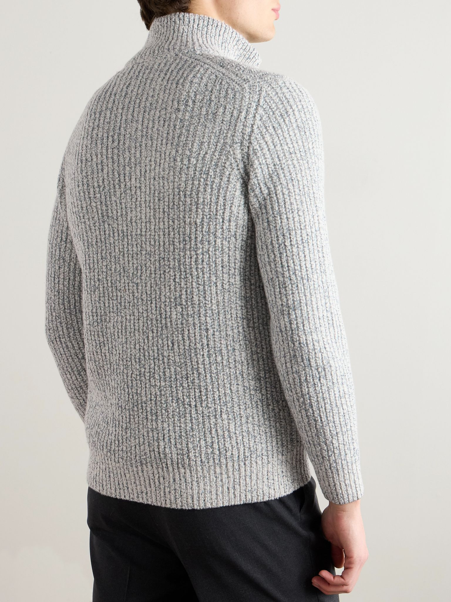 Ribbed Wool, Silk and Cashmere-Blend Zip-Up Cardigan Ecru - 3