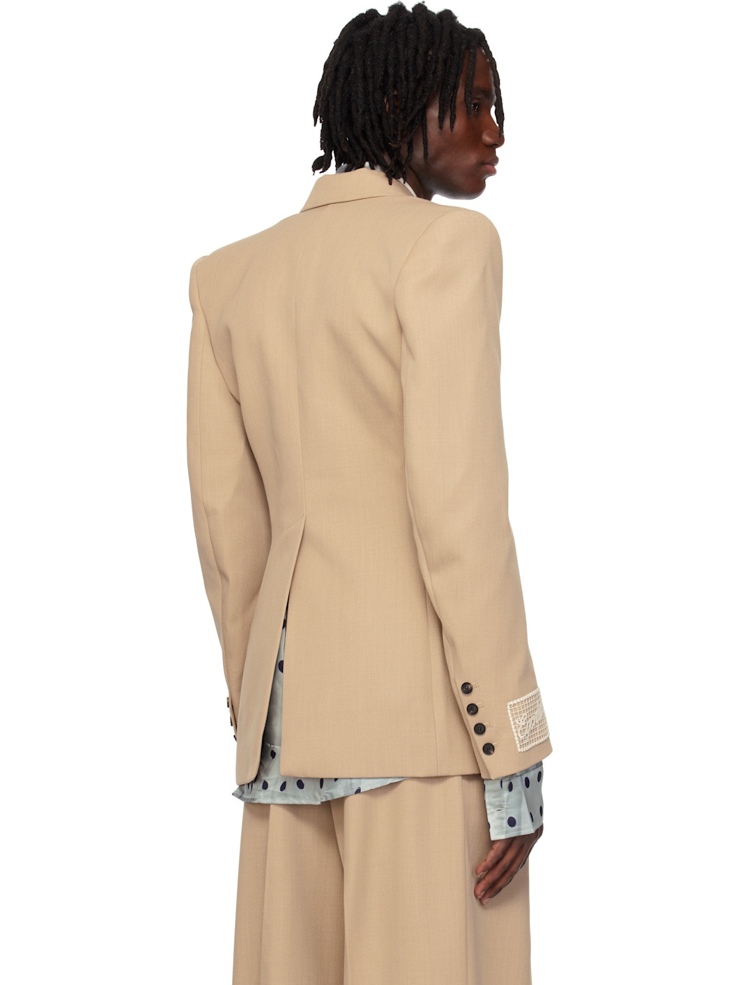 Beige Fitted Double Breasted Blazer - 3