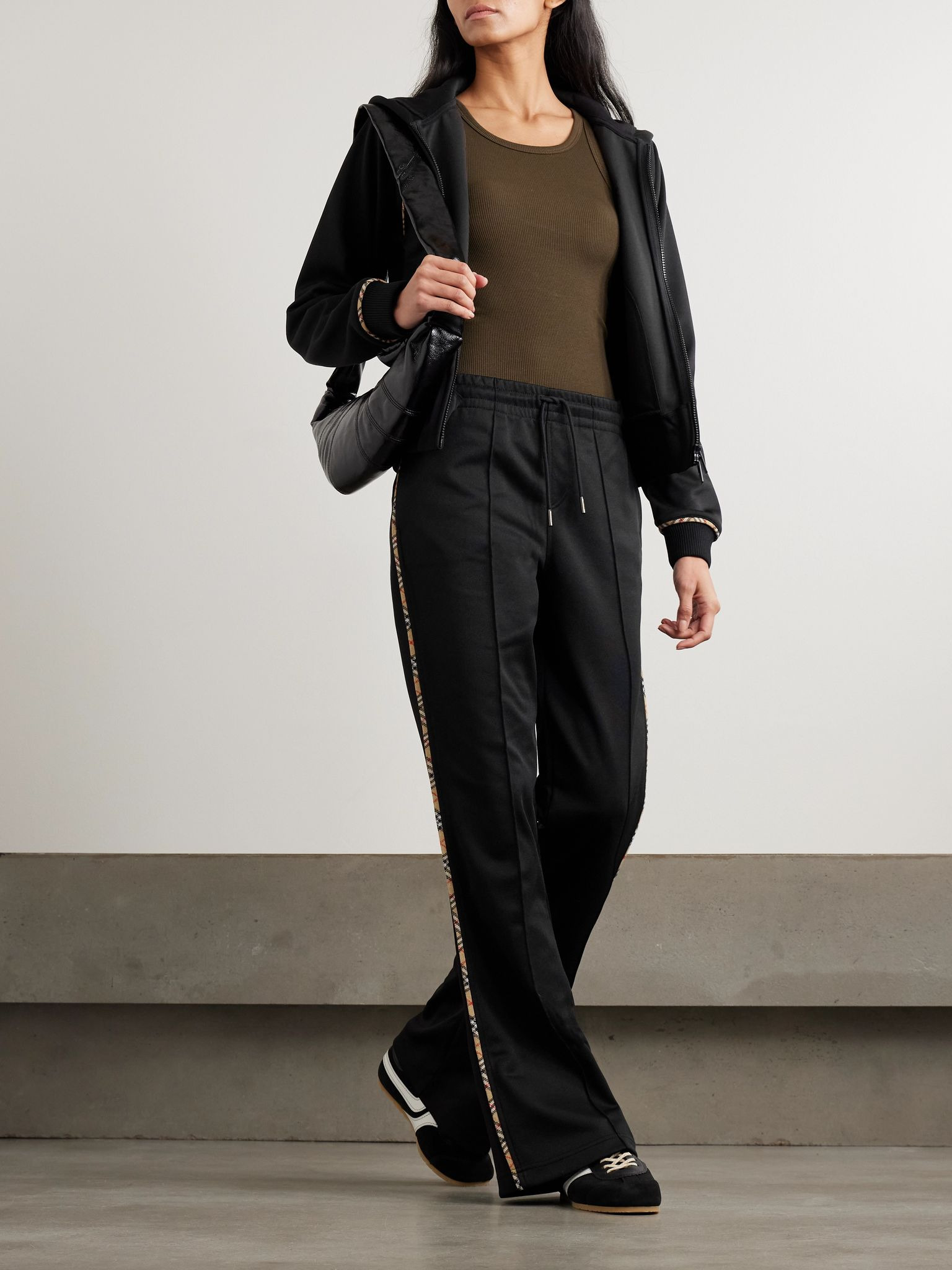 Checked piqué-trimmed jersey flared track pants Black - 2