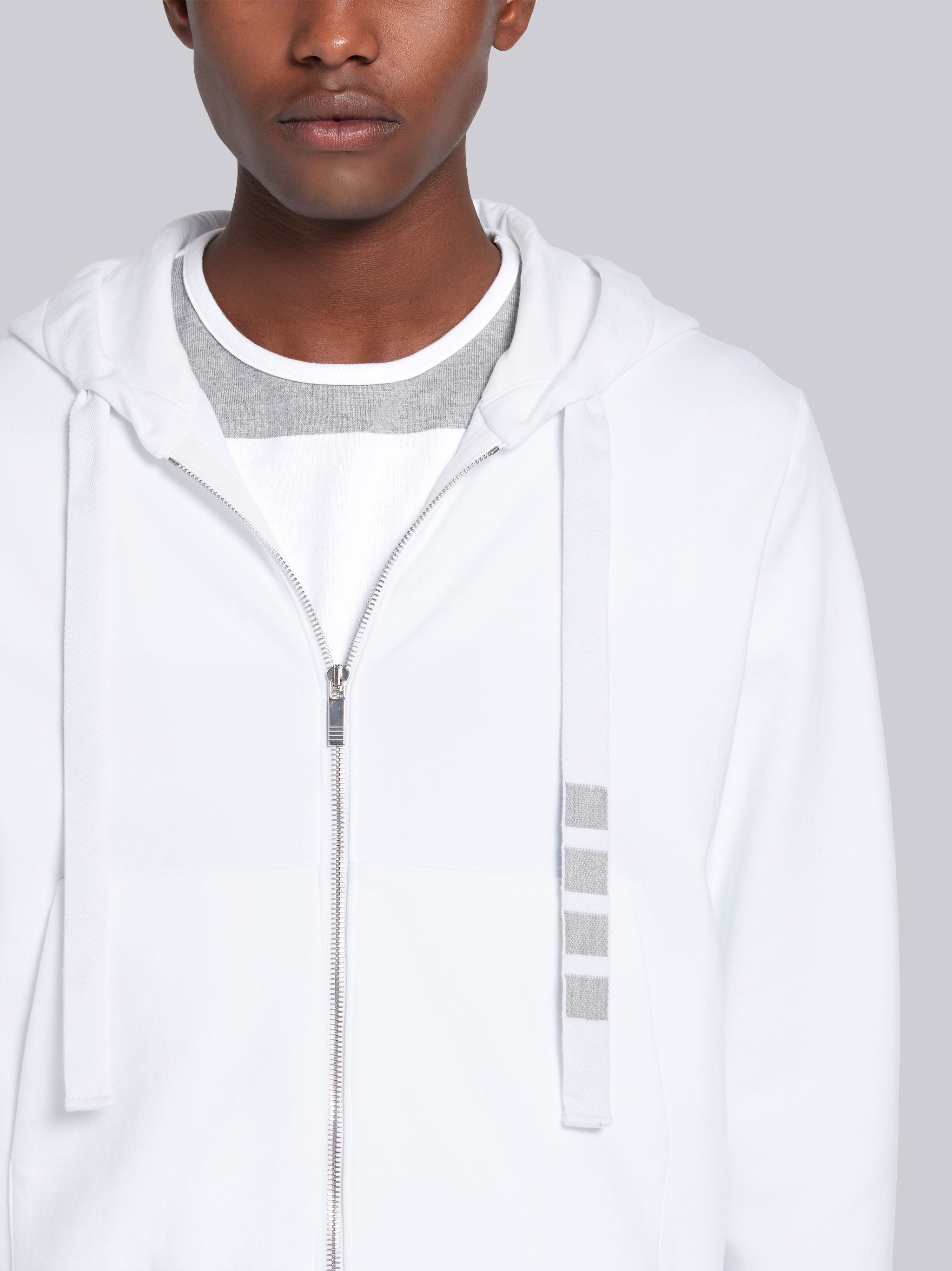 White Double Knit Cotton 4-Bar Zip-up Hoodie - 5