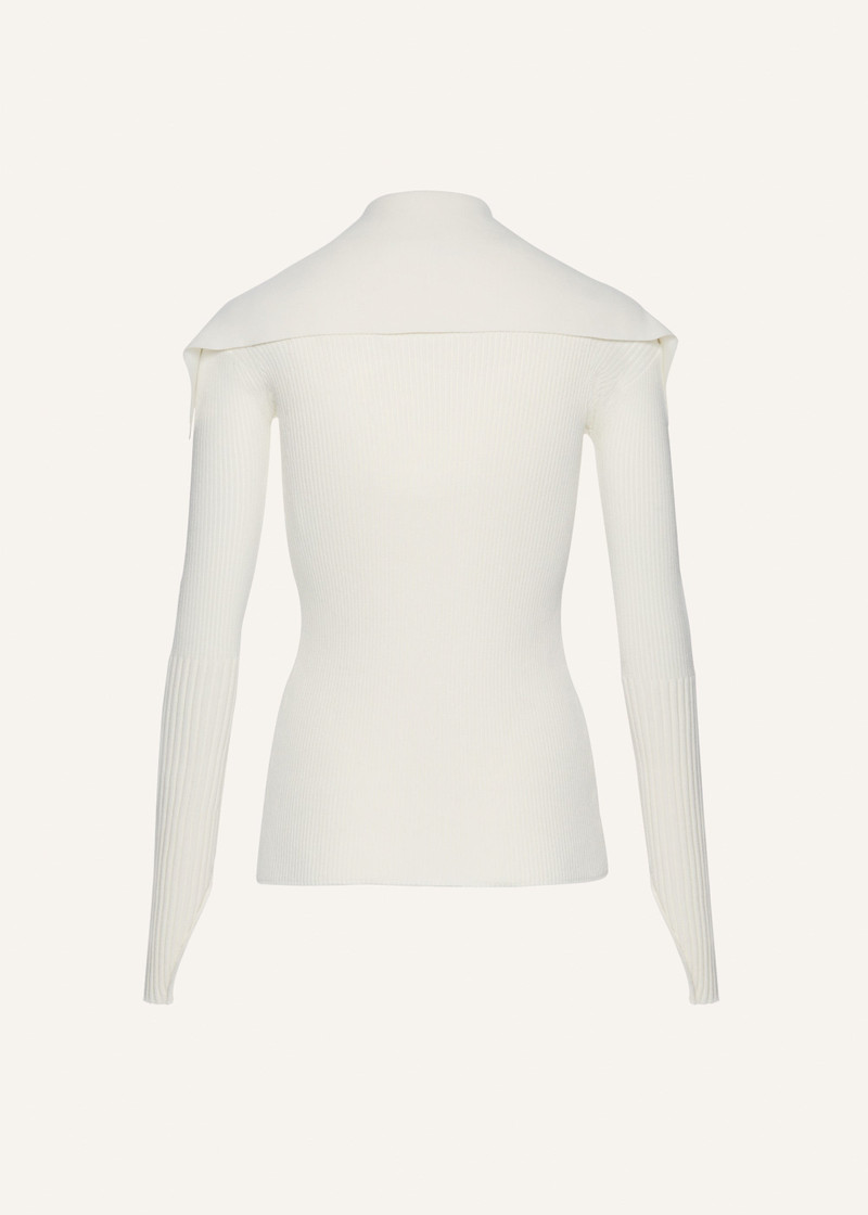 Ribbed cardigan with tie-collar in white 2