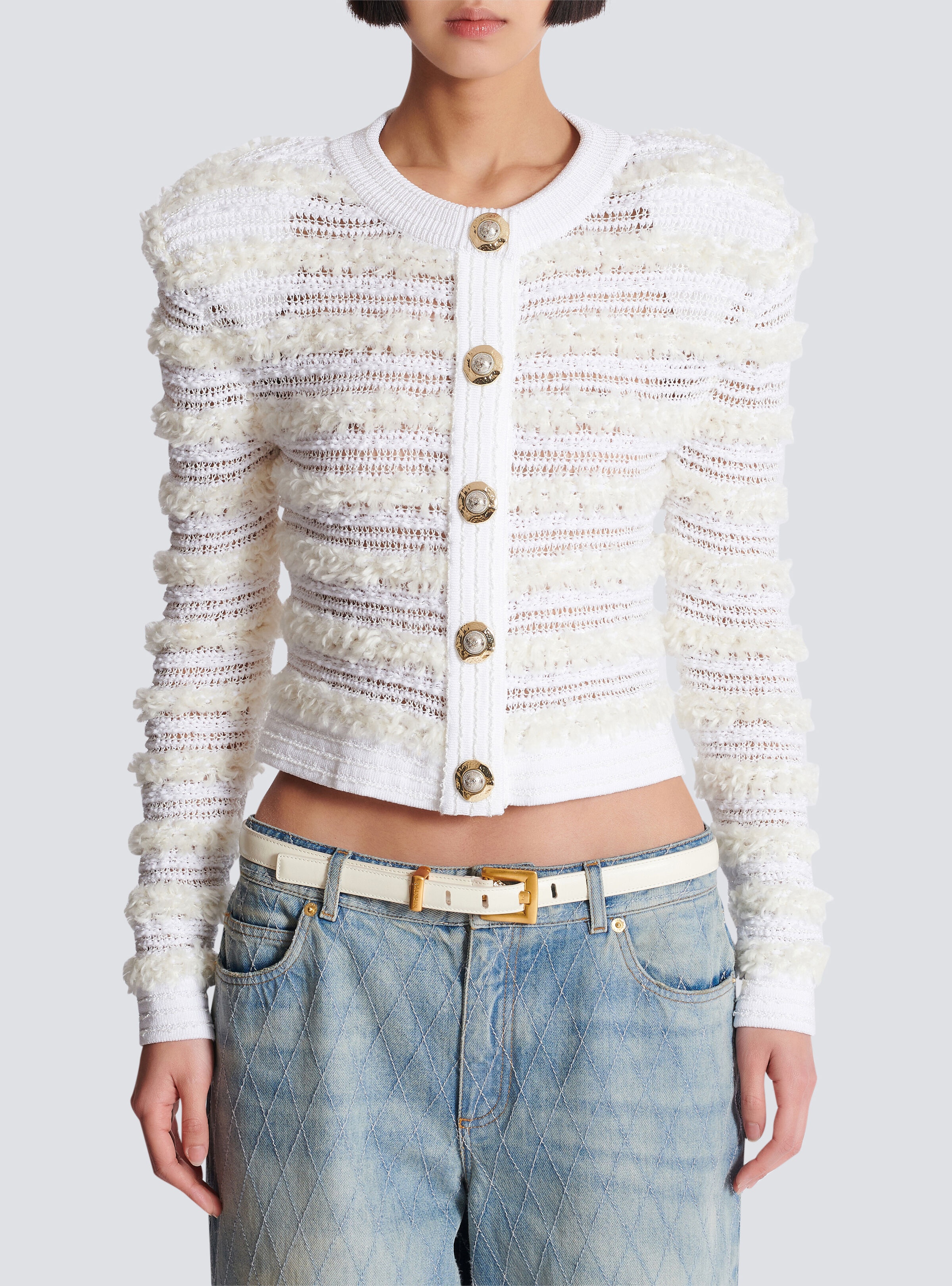 Long-sleeved tweed-effect knit cardigan - 5
