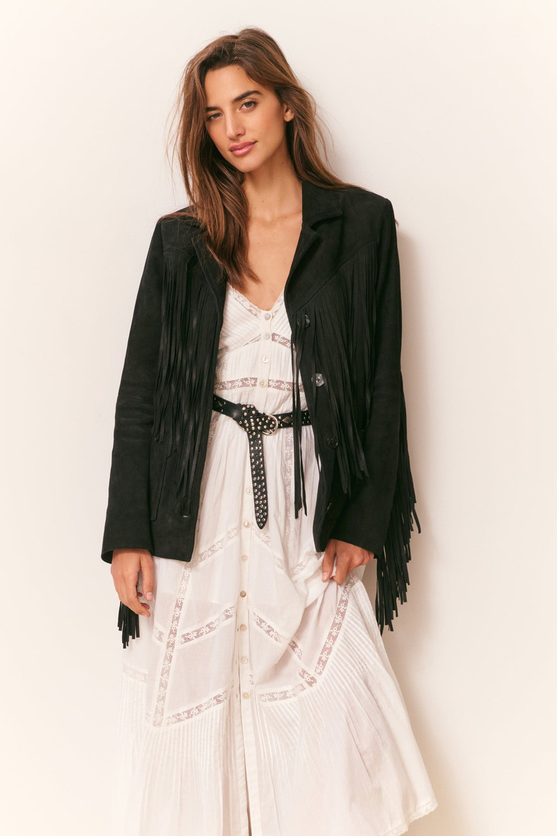 LoveShackFancy Geraline Black Suede Fringe Jacket outlook