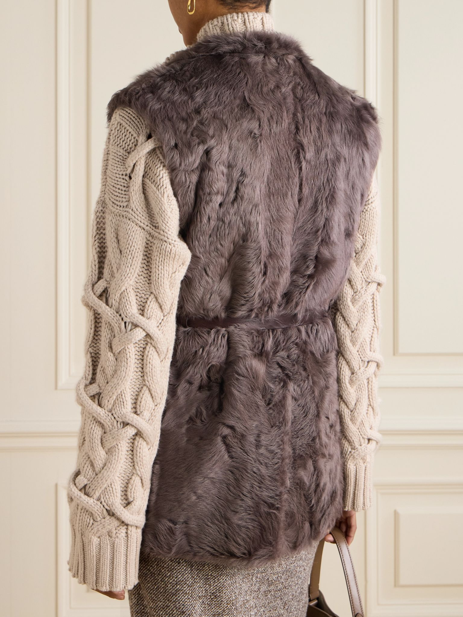 Leather-trimmed belted plush fabric gilet Dark brown - 4